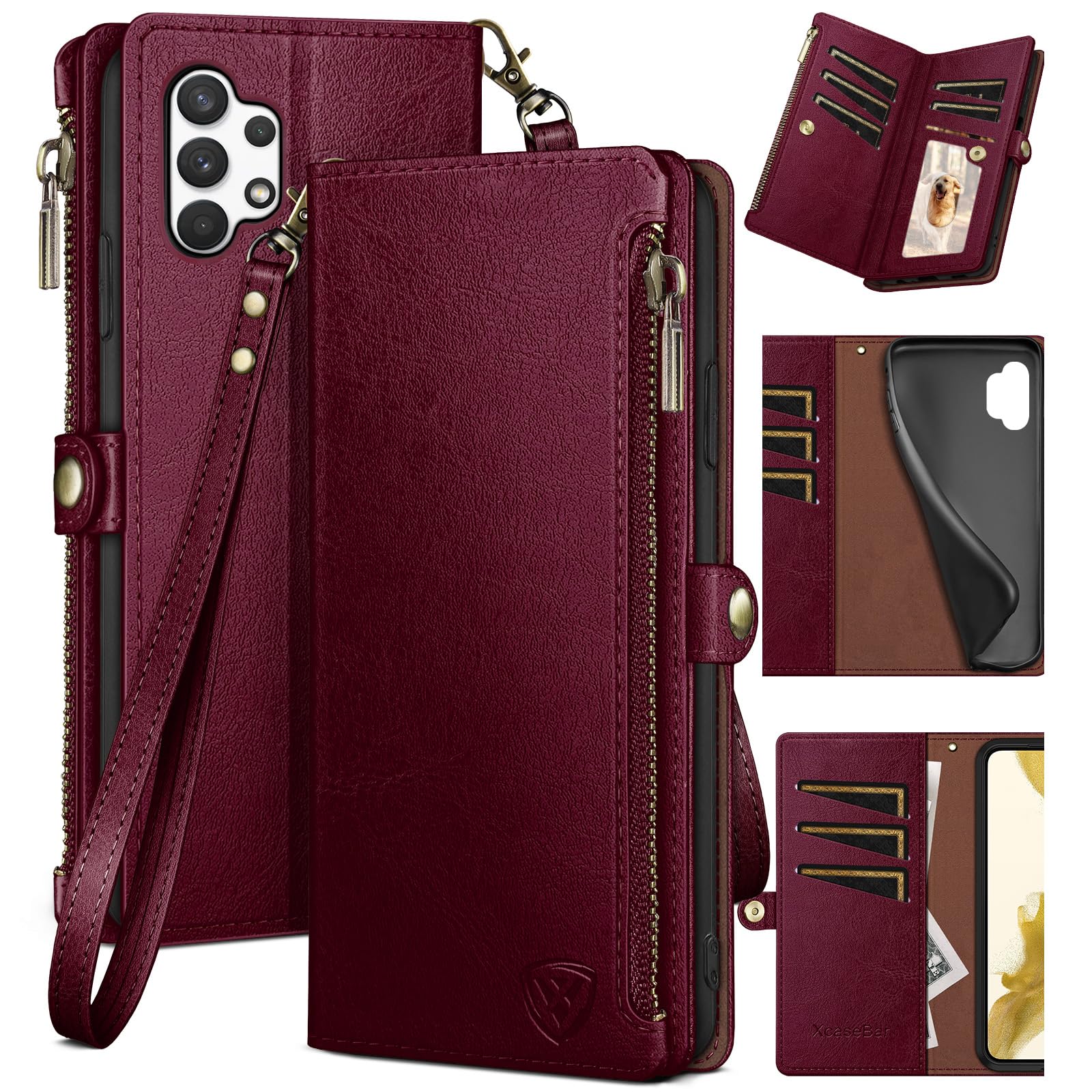 XcaseBar for Samsung Galaxy A32 5G Wallet case with Zipper Credit Card Holder?RFID Blocking?, Flip Folio Book PU Leather Phone case Shockproof Cover Women Men for A32 case Wine Red
