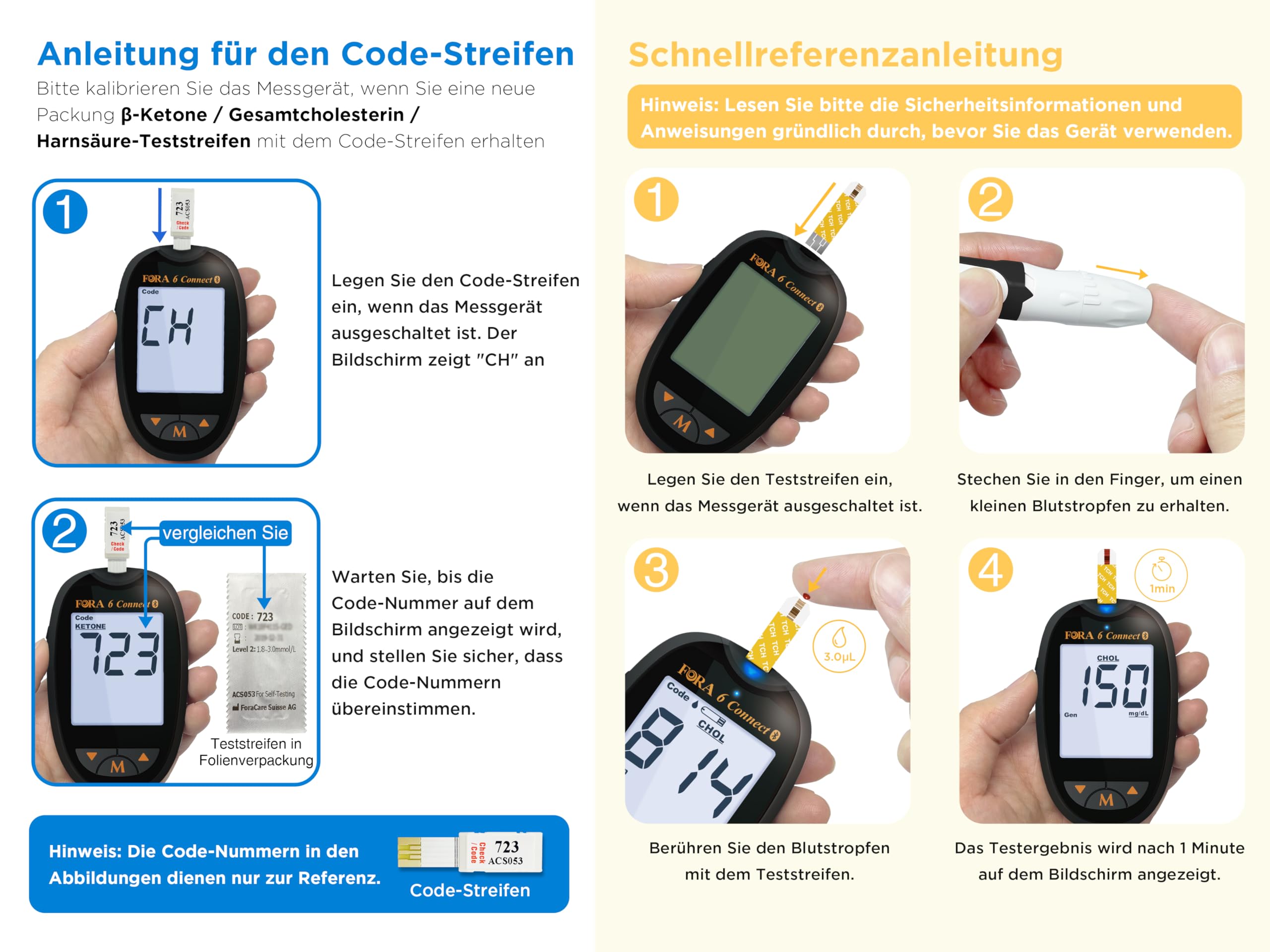 FORA 6-in-1 Cholesterin Messgerät mit Bluetooth, Starterset inkl. 10 Gesamtcholesterin-Teststreifen, Schwarz