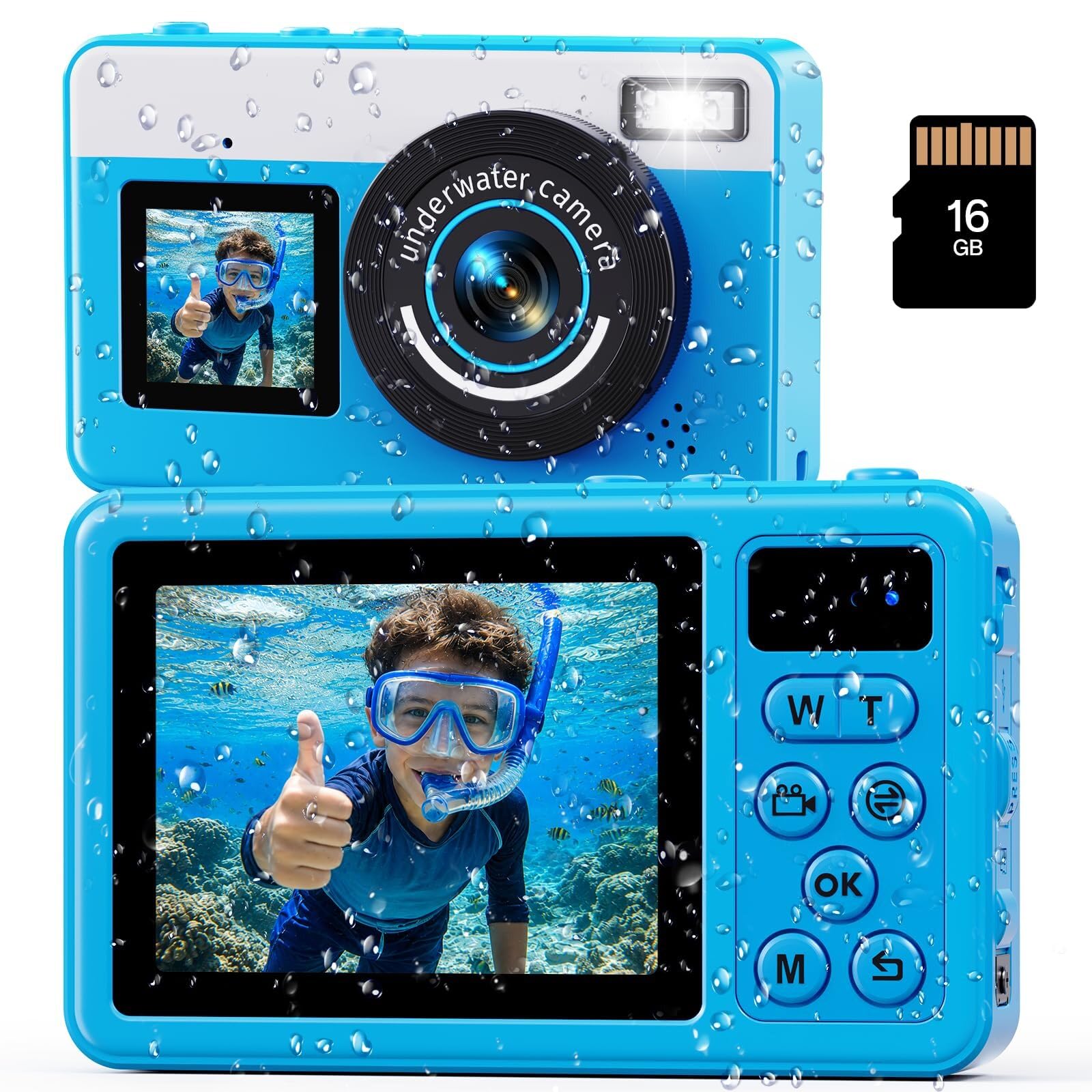 Maxmango D70 Cámara Acuática 4K 48MP, Cámara Impermeable 10FT para Piscina y Playa, Doble Pantalla Autofocus Zoom 18X, Cámara Flotante Regalo para Adolescentes y Principiantes con Tarjeta 16GB, Azul