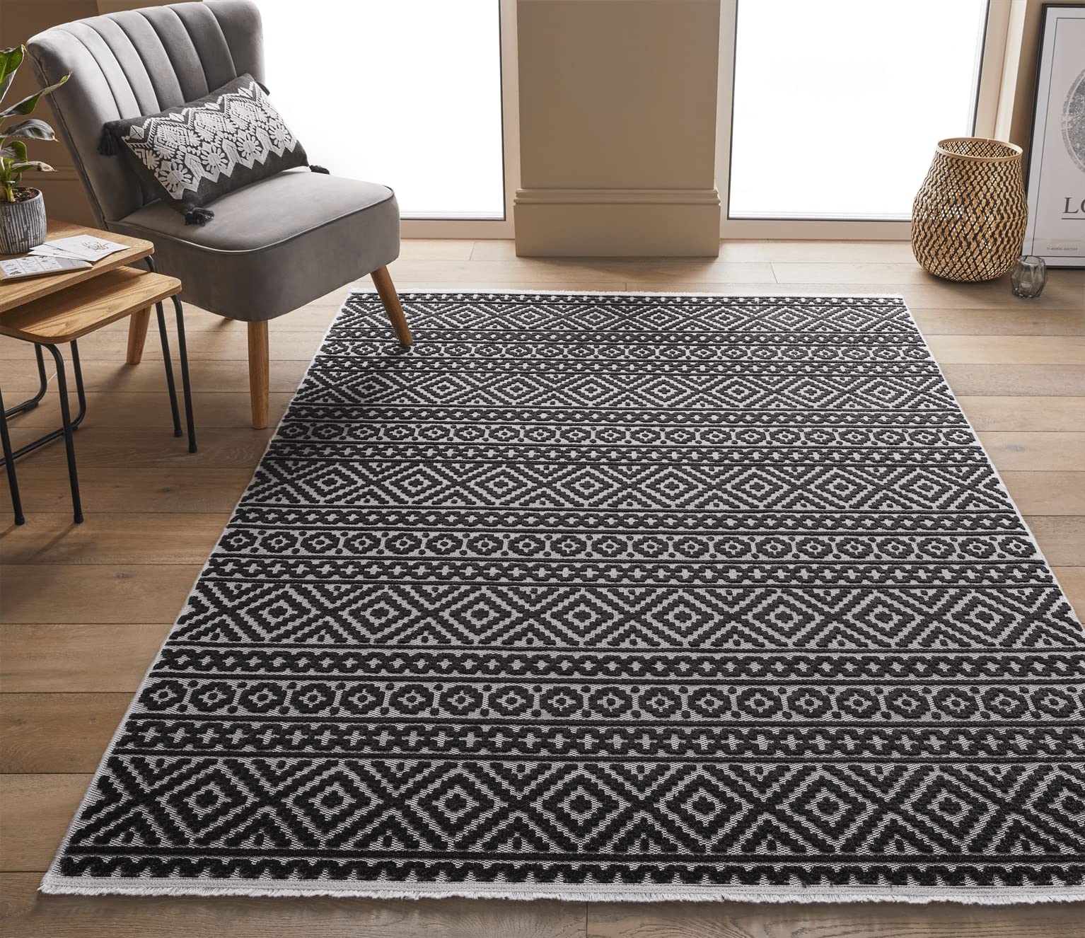 Jazz Indoor Outdoor Rug for Modern Garden Patio Kitchen Bedroom Balcony Living Room Conservatory Trellis Carpet Quality Cosy Flatweave Area Rug JAZ03 Grey Black Large 160x220 cm (5'3"x7'6")
