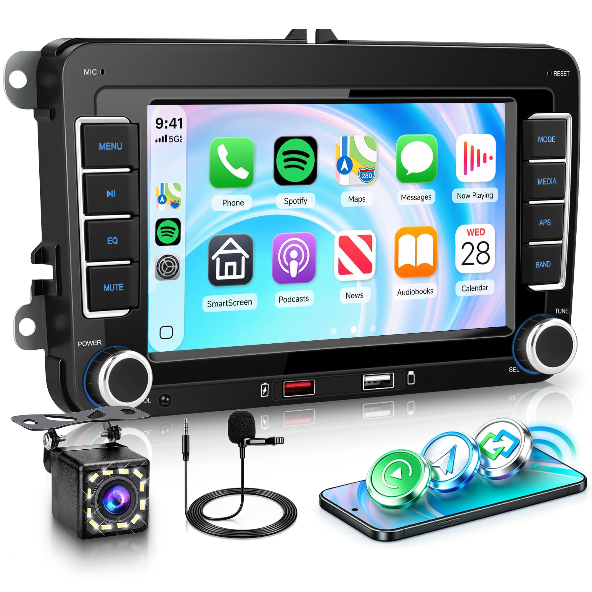 Rimoody Autoradio pour VW Golf 5 6 Passat Polo Tiguan Touran Caddy Skoda SEAT Sans Fil Carplay Android Auto Bluetooth 5.2 FM/AM/RDS, 7 Pouces Écran Tactile Radio Mirror Link EQ/USB/SWC Caméra de Recul