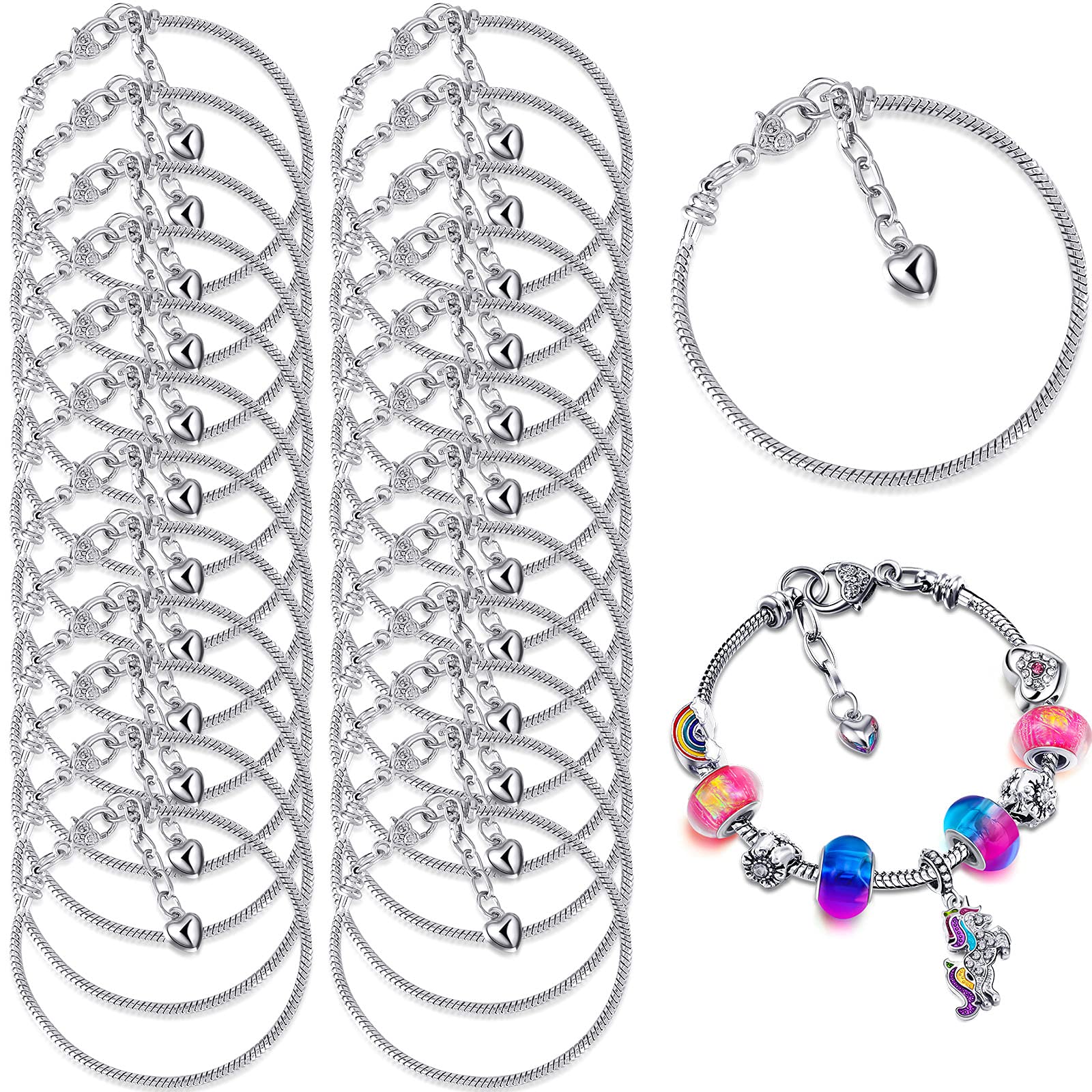 Junkin 24 Pieces Bracelet Chains Bulk Snake Chain Charm Bracelet Jewelry Making Bracelet Chain with Heart Shape Lobster Clasp Adjustable Charm Chain Bracelet for Women DIY Jewelry Crafts Supplies