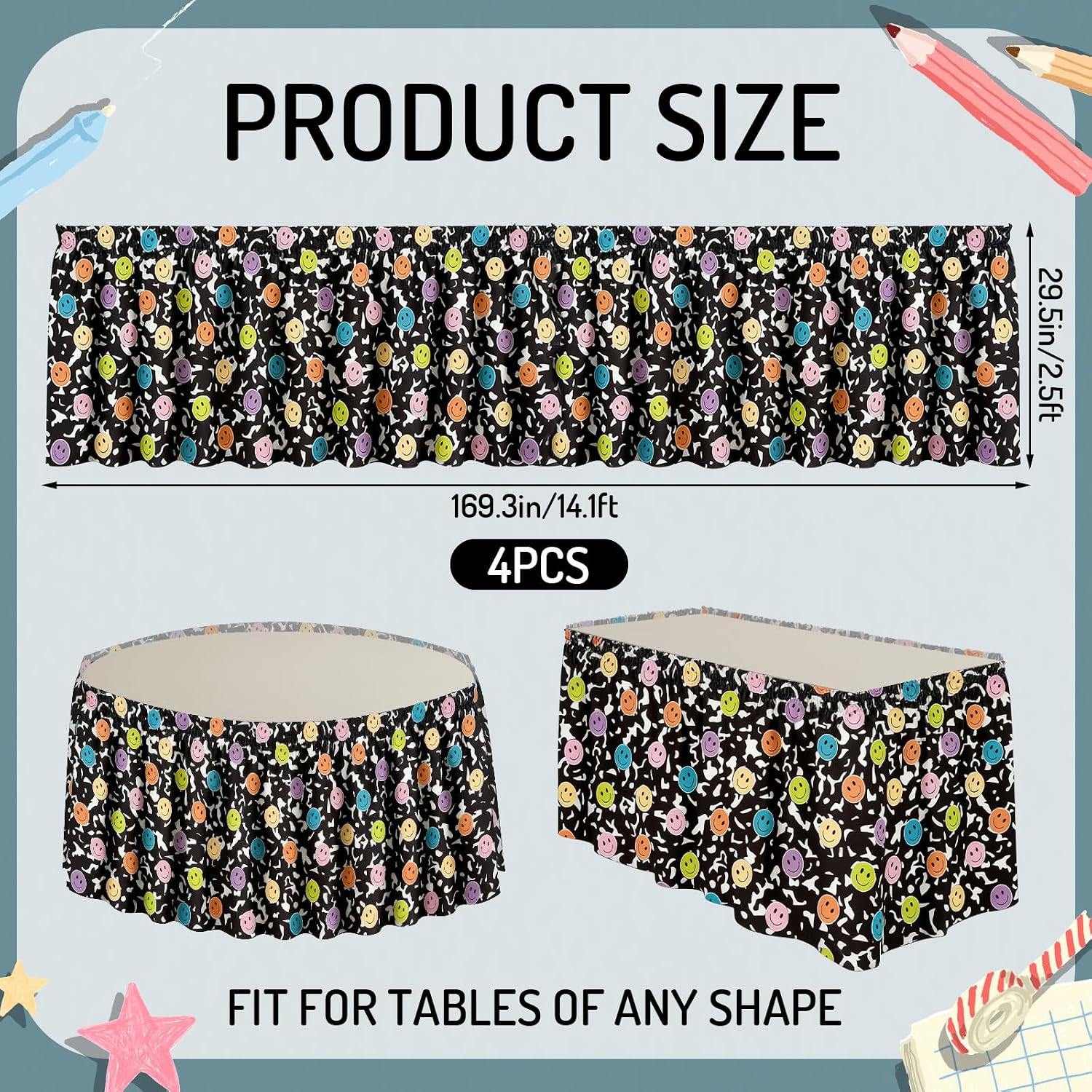 Whaline 4 Pcs 14.1ft Black and White Composition Book Table Skirt Cloths for Teacher Desk Kidney Shaped Happy Face Plastic Table Skirts Decoration for First Day of School Party Classroom Supplies