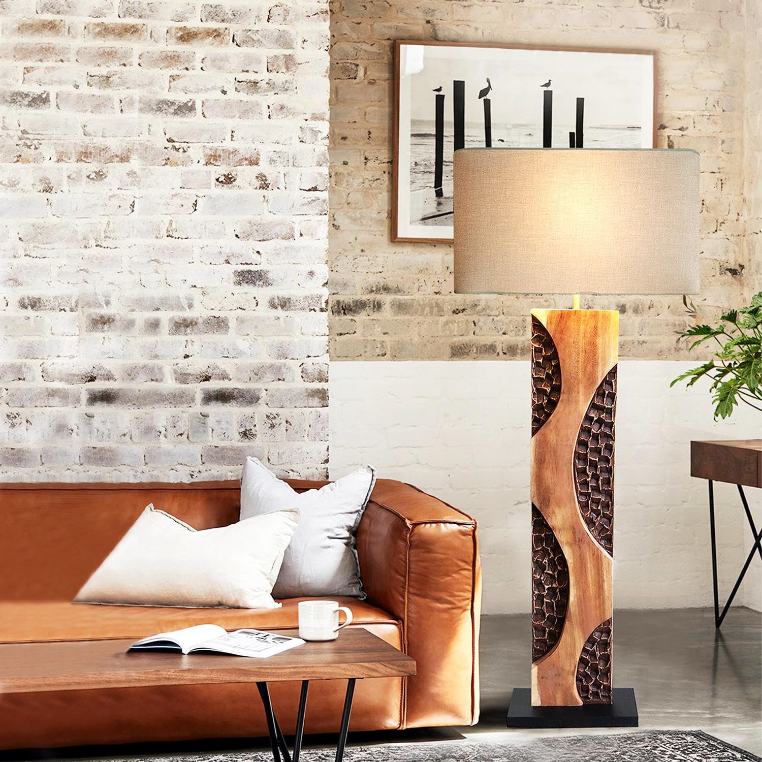 Bressmer AMAZONIA Stehlampe – Handgefertigte Treibholz Lampe aus Akazienholz, 170 cm hoch, mit Leinen Lampenschirm, natürliche Holz Stehleuchte für Wohnzimmer & Schlafzimmer, warmes Licht im Naturstil