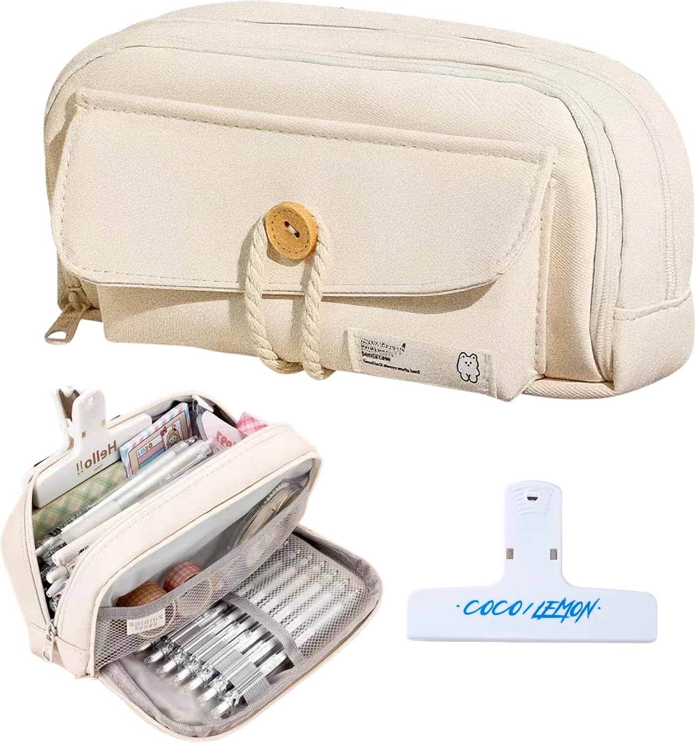 Cotton Kawaii Pencil Case with Big Clip, Cute Aesthetic Pen Pouch (Beige)