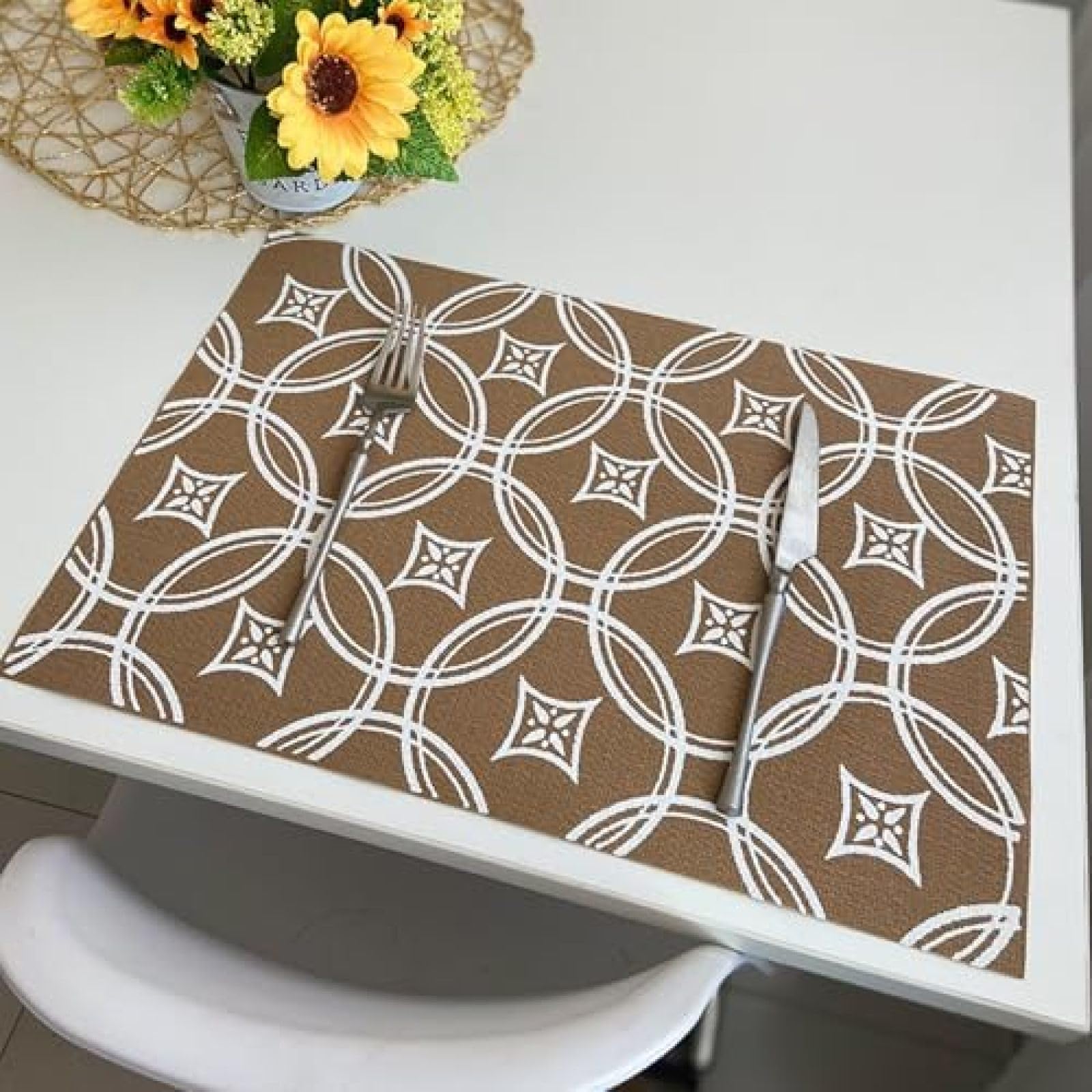 Set de table résistant à la chaleur en PVC durable motif floral blanc haut de gamme