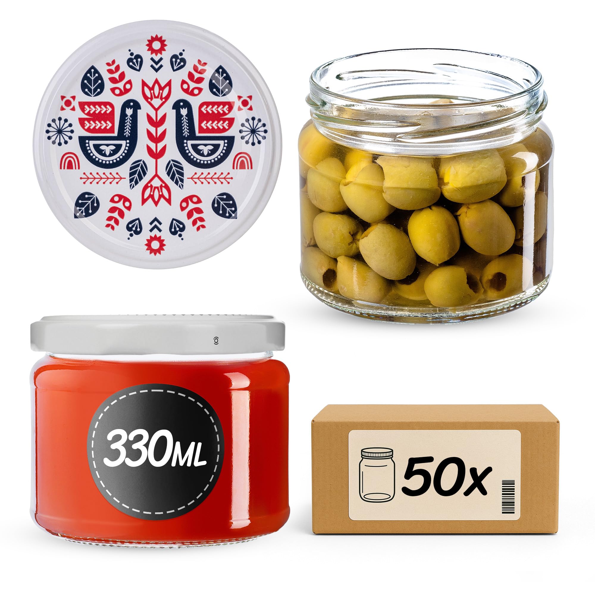 KADAX 50er Set Marmeladengläser 330ml TO82 Folklore I, Einmachgläser Vorratsgläser Mason Jar mit Schraubdeckel, Luftdichte Schraubgläser, Honig & Konfitüre