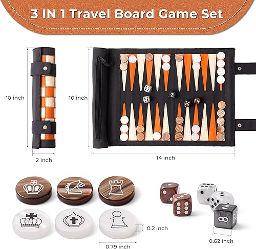 Miniatura 9 de Woodronic Juego de damas de backgammon de ajedrez de viaje 3 en 1, juego de backgammon de cuero de alta calidad enrollable con 32 piezas de madera y