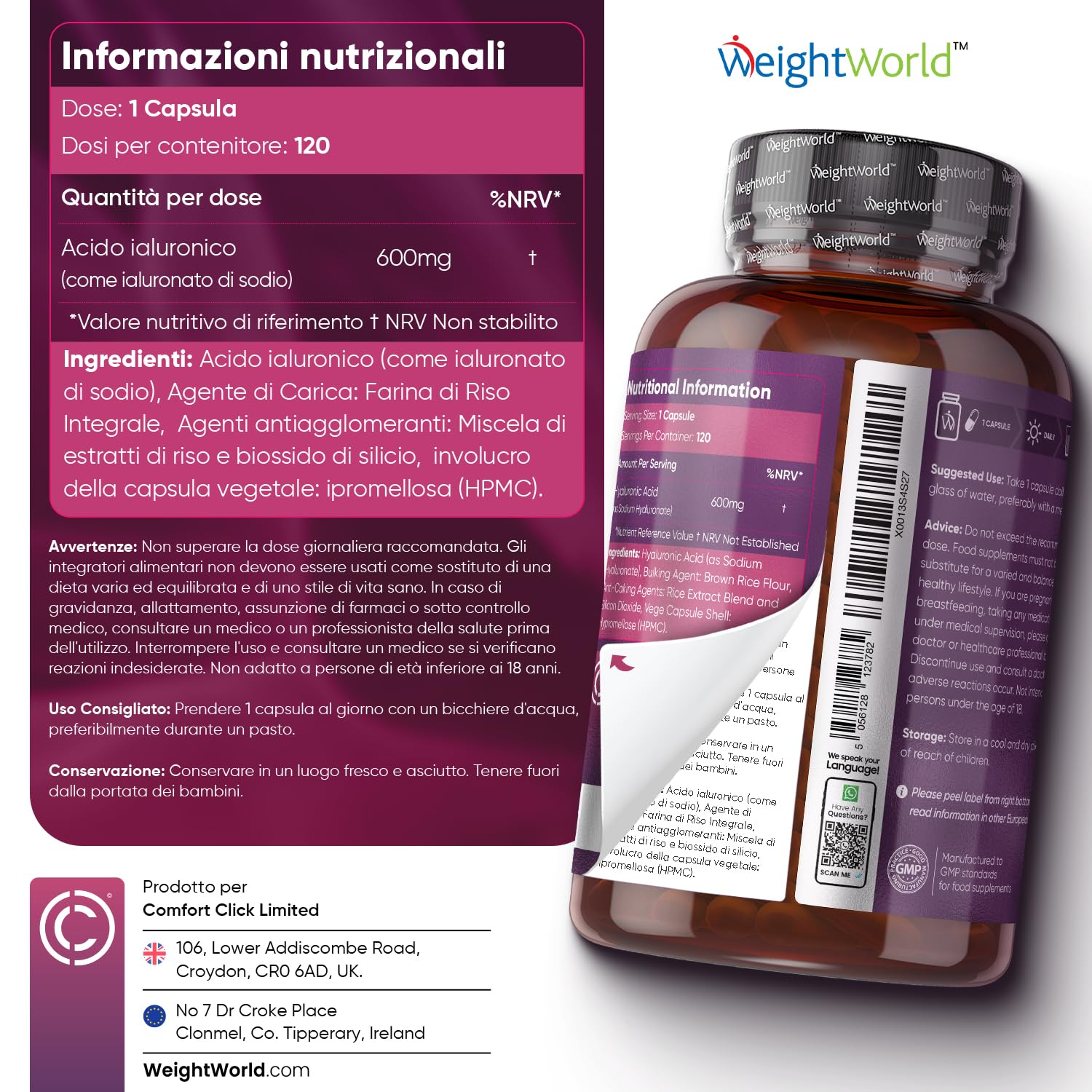 Acido Ialuronico Integratore Vegan 600mg con 500-700 kDa, 120 Capsule Hyaluronic Acid per 4 Mesi, Sodio Ialuronato, 1 Capsula al Giorno, Acido Ialuronico Puro Alternativa a Acido Ialuronico Compresse