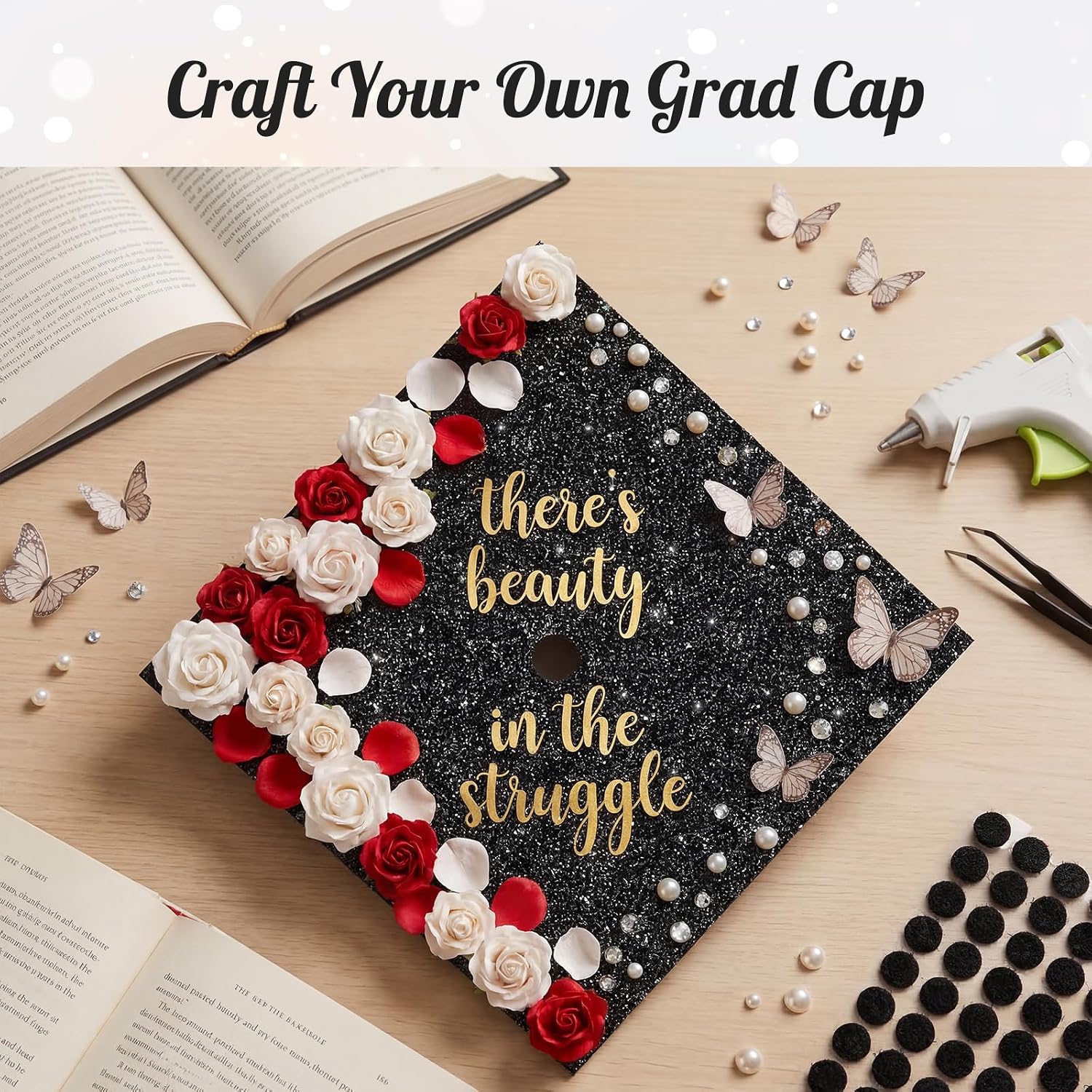 12 Pack Graduation Cap Topper Blanks, Black Glitter Cardstock, 9.84" | 350GSM no-shed glitter cardstock, 54 adhesive dots, fits most grad caps, easy DIY for high school or college graduation