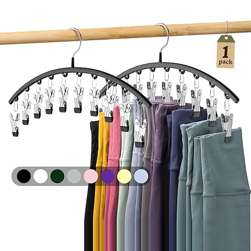 Legging Organizer for Closet, Metal Yoga Pants Hangers 1 Pack w/10 Clips Holds 10 Leggings, Space Saving Hanging Closet Organizer w/Rubber Coated Closet Organizers and Storage, Black
