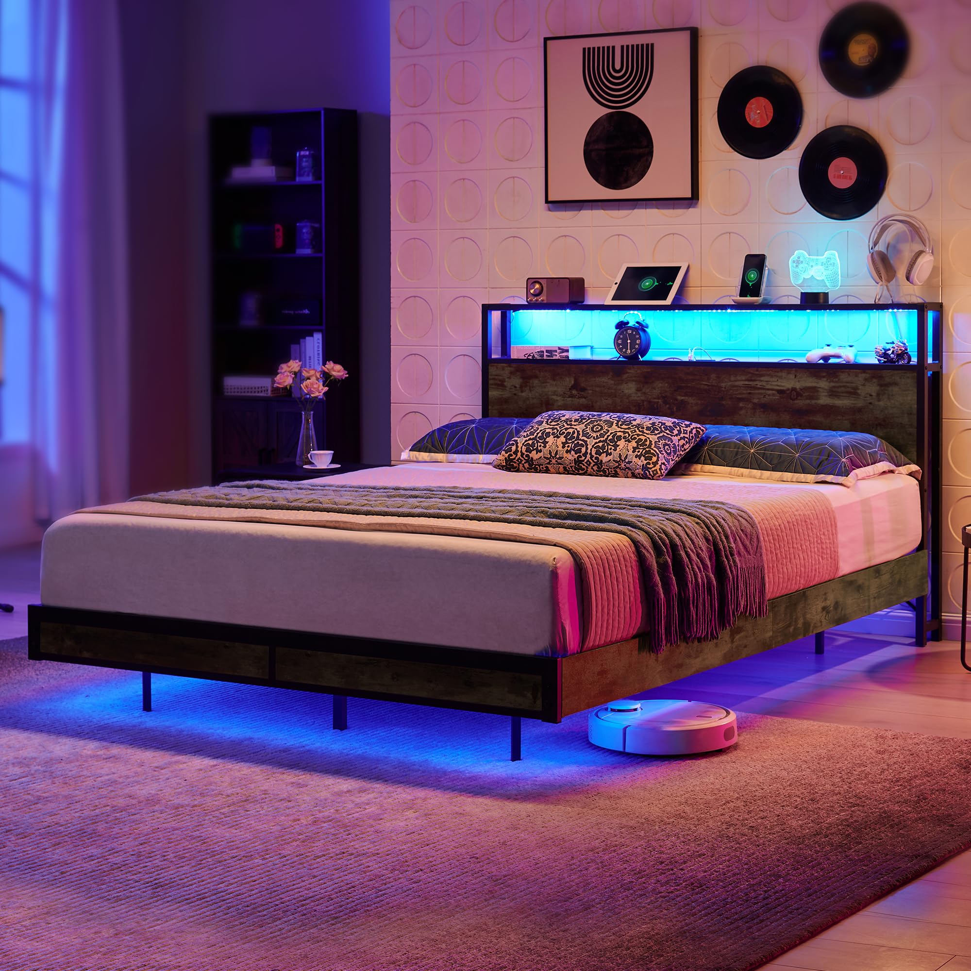 Sailvan Full Size Bed Frame with Dual LED Lights and Headboard,USB Charging,Wood and Metal Platform Bed Frame Full,2-Tier Storage Shelf,No Box Spring Needed,Brown