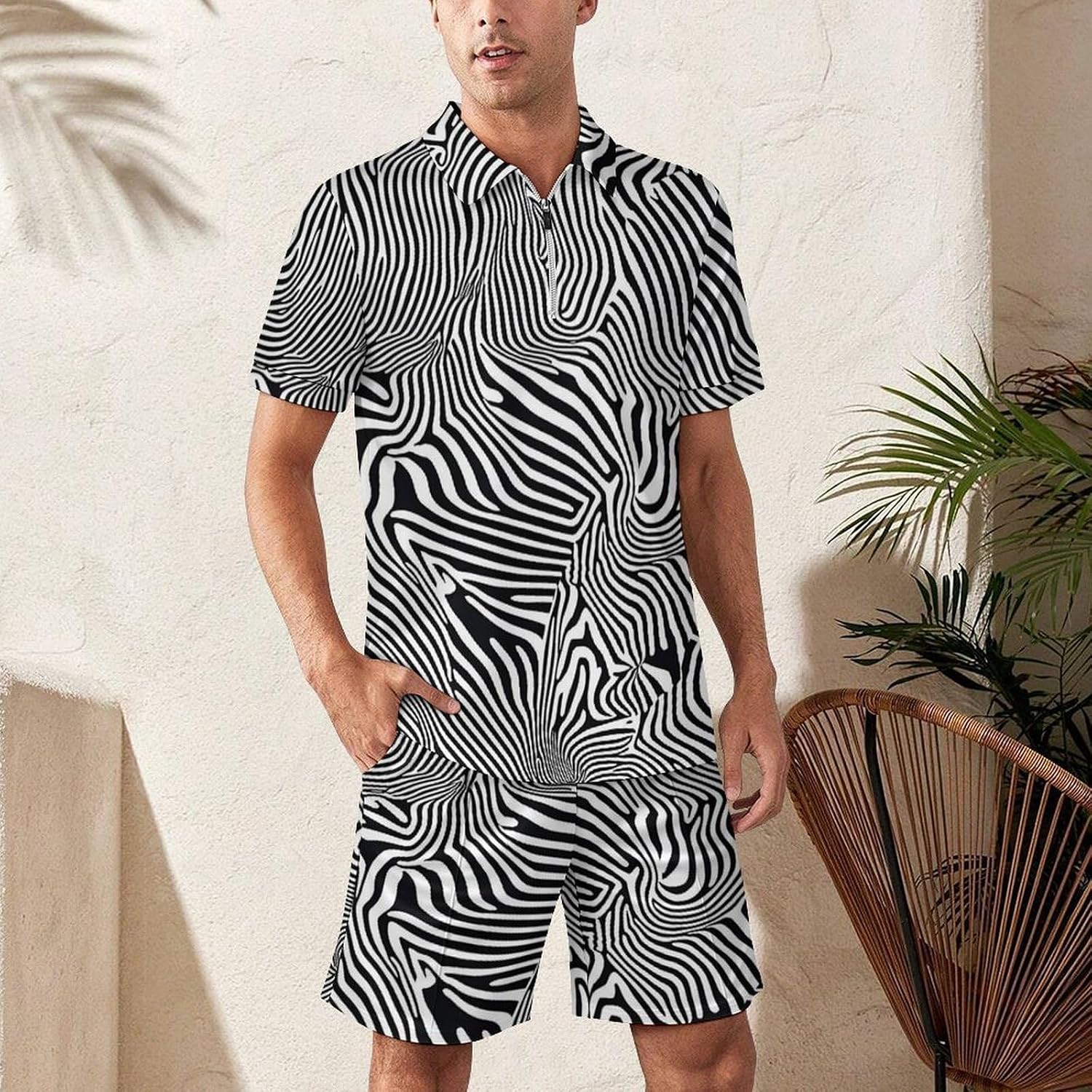 Animal Zebra Print Mens Polo Shirts Track Suits 2 Piece Short Sleeve Sweatsuit 1/4 Zip Golf Loungewear for Sports