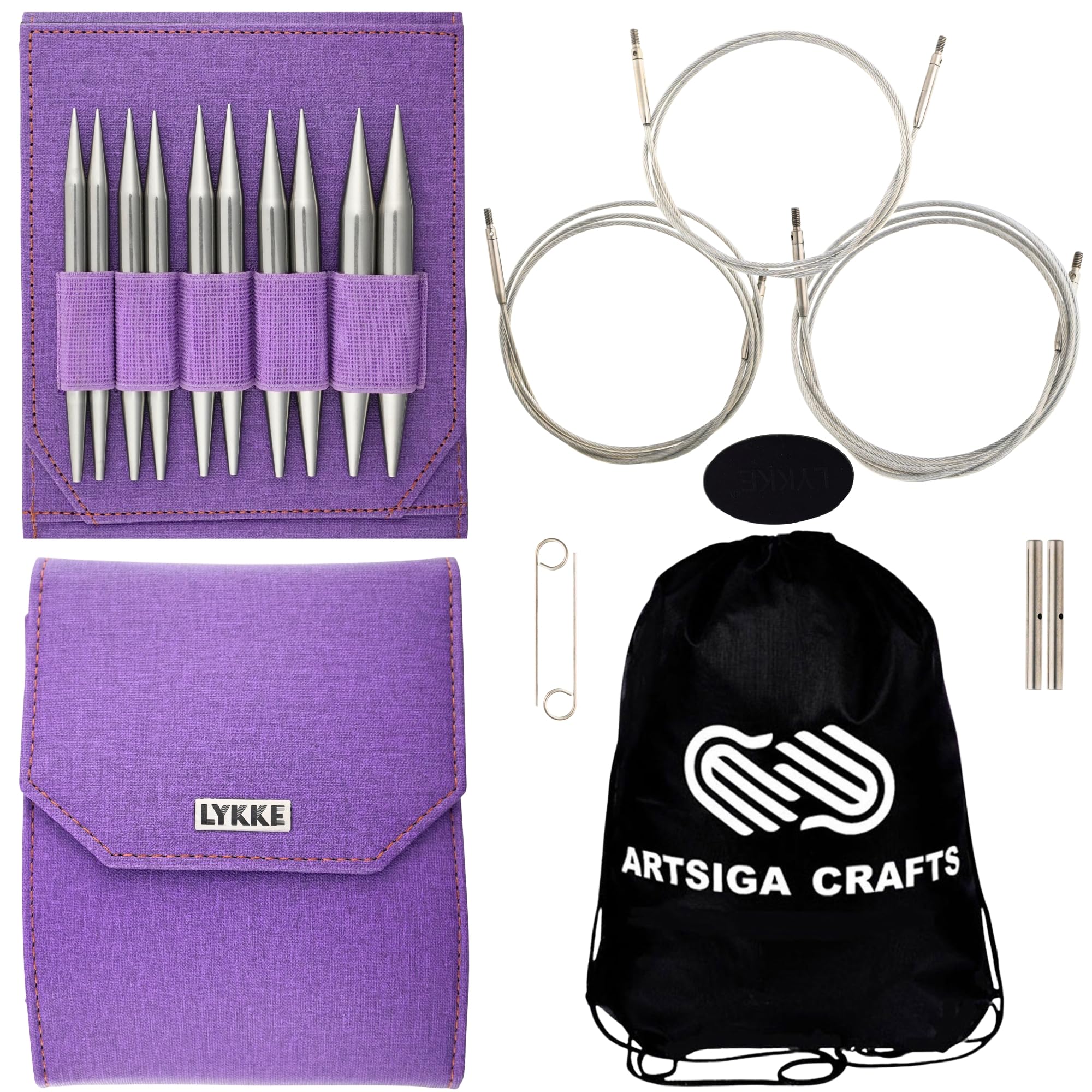 Lykke Flight 5 in. Bulky Set US Sizes 10.75, 11, 13, 15, 17 Interchangeable Circular Knitting Needles for Chunky, Super Chunky, Jumbo Yarn, Stainless Steel, 4 Swivel Cords, Purple Case, Project Bag