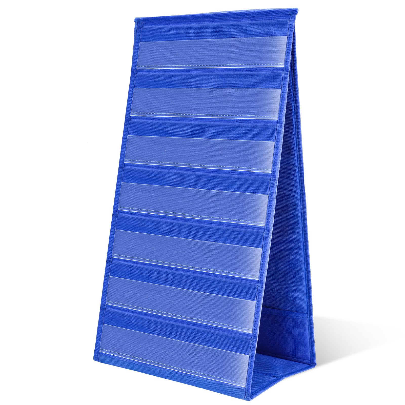 Affrolling 13" x 24"Tall Tabletop Pocket Chart, Blue Tabletop Desktop Pocket Chart with 10 Straps, Double Sided Pocket Chart Stand for Classroom Self Standing Reusable Foldable Tabletop Chart Stand