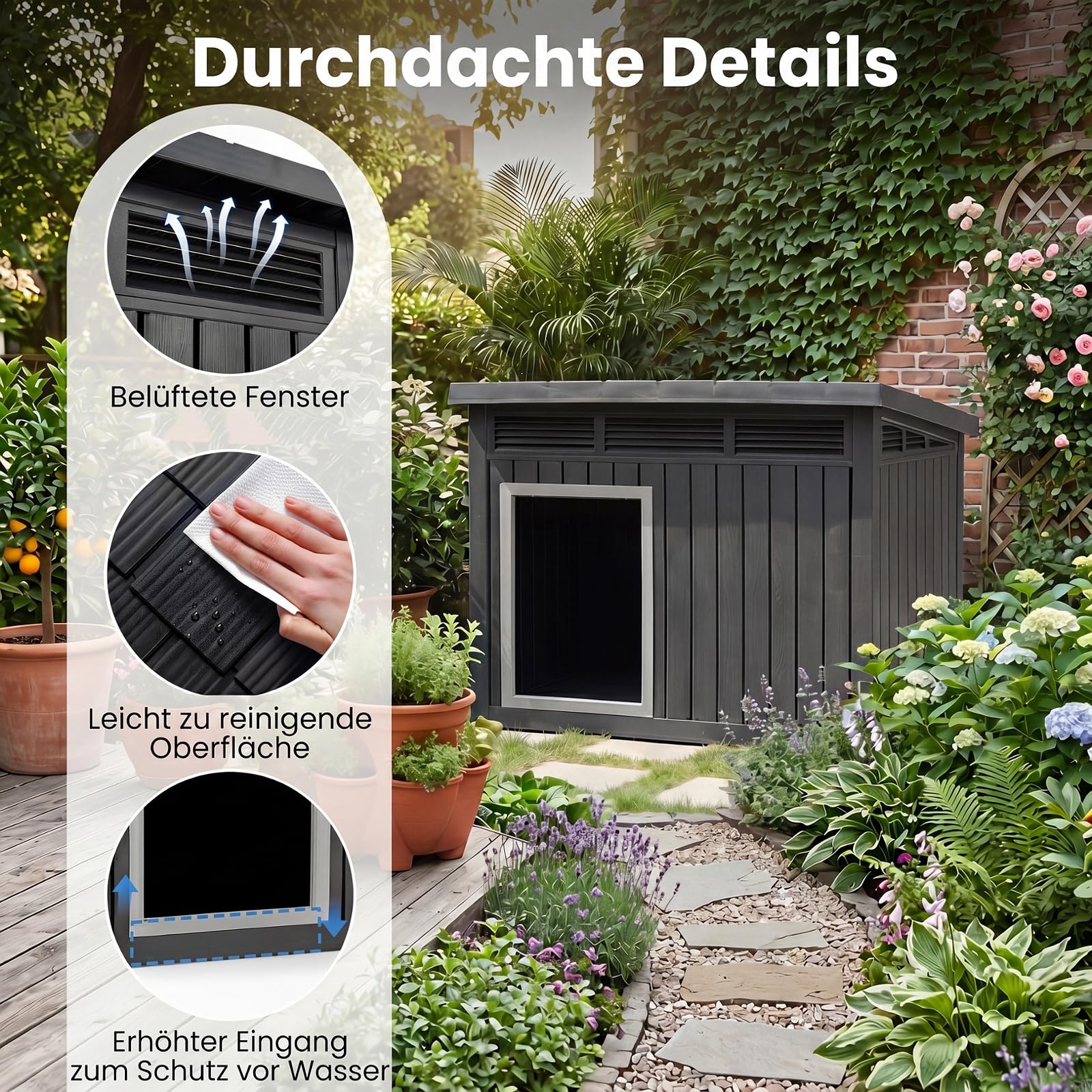 GYMAX Hundehütte Outdoor, Hundehaus für mittelgroße Hunde, Isoliert & Wetterfest, Kleintierhaus mit aufklappbarem Schrägdach, Lüftungsöffnungen & Drainagelöchern, 81 x 64 x 61 cm, Schwarz