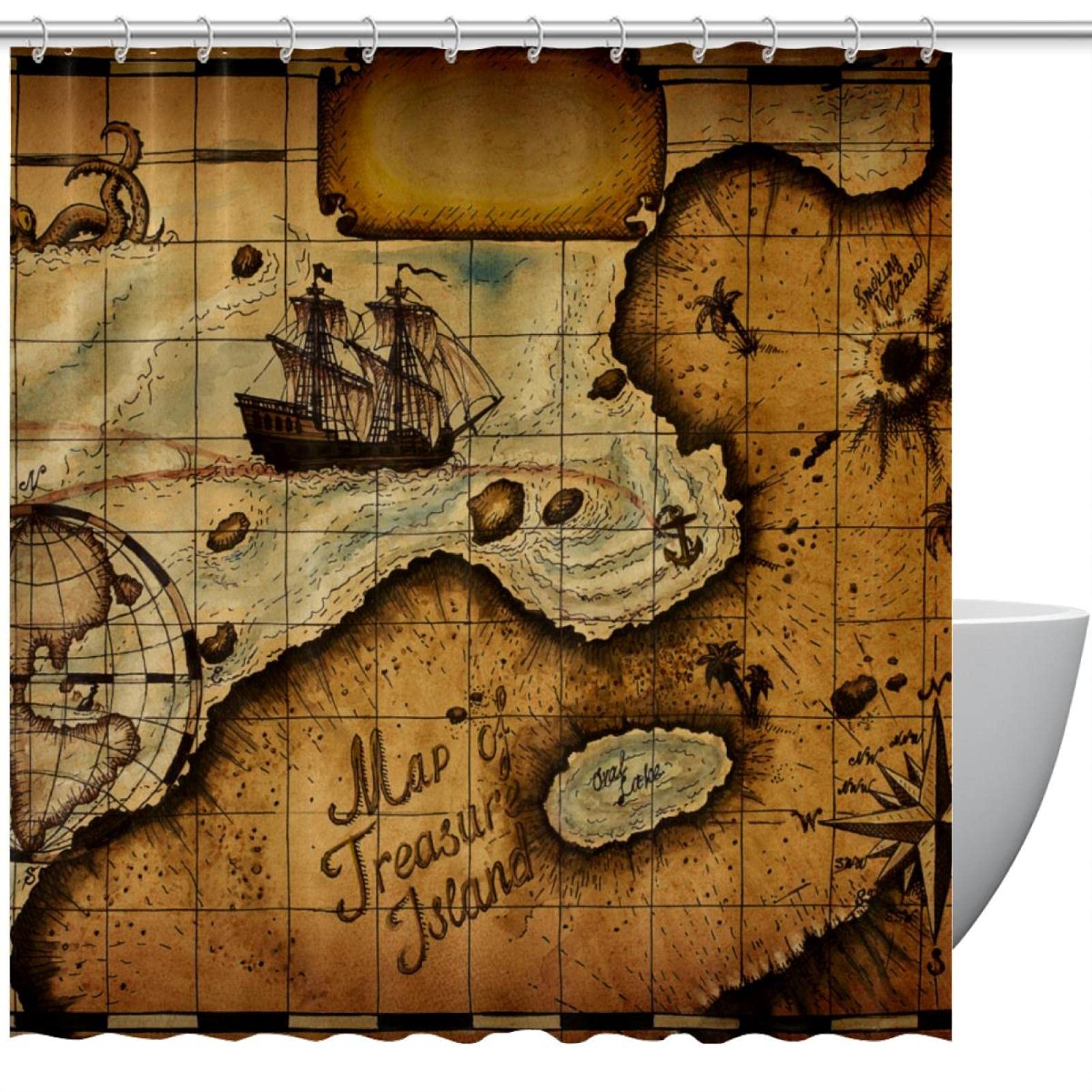 Rideau de douche pirate vintage pour une salle de bain d'aventurier, style rétro et sans odeur