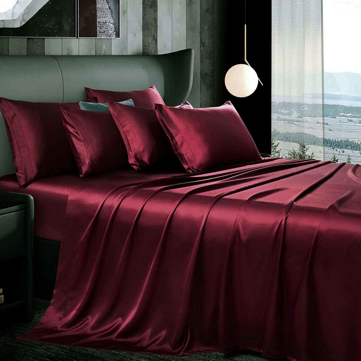 Manyshofu 7Pcs Maroon Satin Sheets California King Silky