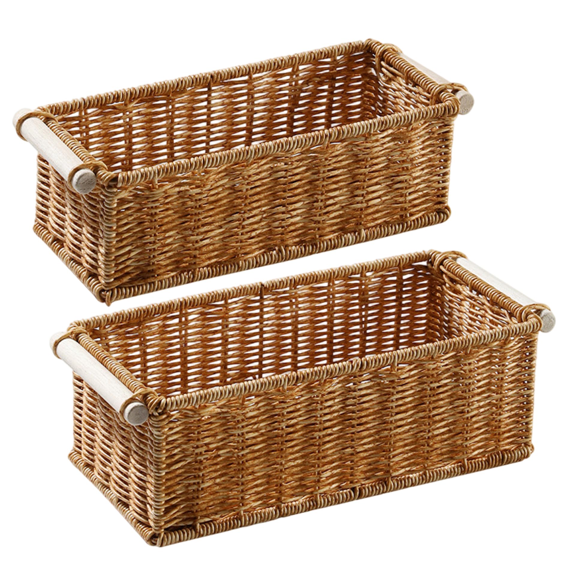Paniers de rangement plastique aspect osier et poignées bois