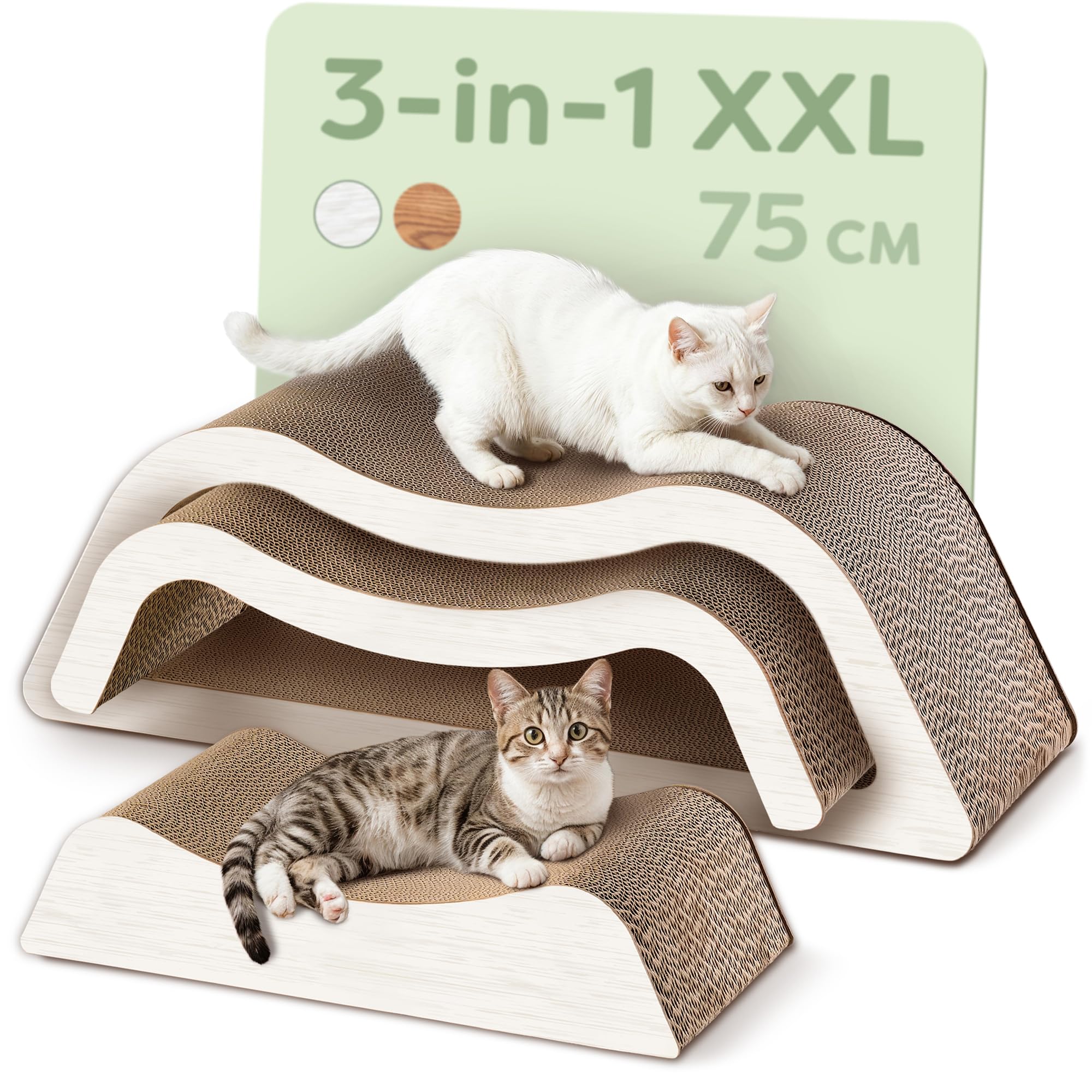 Knupis Kratzmöbel Kratzbrett Katze 3-teilig XXL 75cm – Besonders Kratzfeste Kratzpappe zur Krallenpflege – Bis zu 2 Jahre Kratzspaß – Platzsparend – Schutz für Sofa und Möbel (Cloud) (Weiß)
