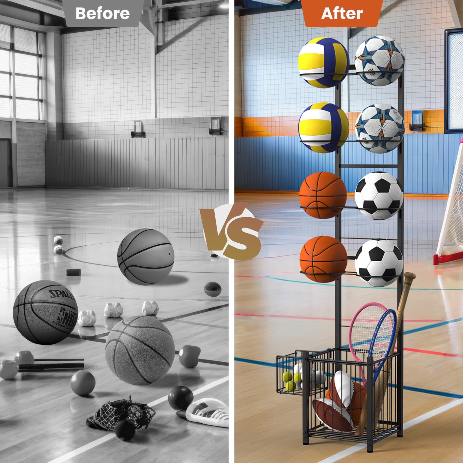 CADUKE Scaffale per pallacanestro, da garage, con cestini, rack sportivo con supporto per palloni, per basket, calcio, pallavolo, calcio, racchette, per interni/esterni, nero