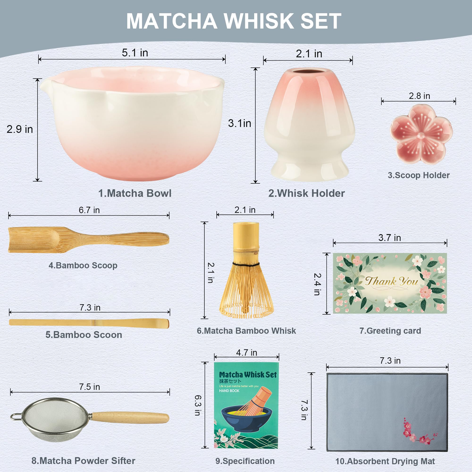 ENVTEK 8Pcs Matcha Whisk Set with Floral Ceramic Matcha Bowl, Wooden-Handled Sifter, Bamboo Whisk, Whisk Holder, Bamboo Scoop, Scoop Rest, Spoon, Tea Towel, Greeting card, Gift for Beginners