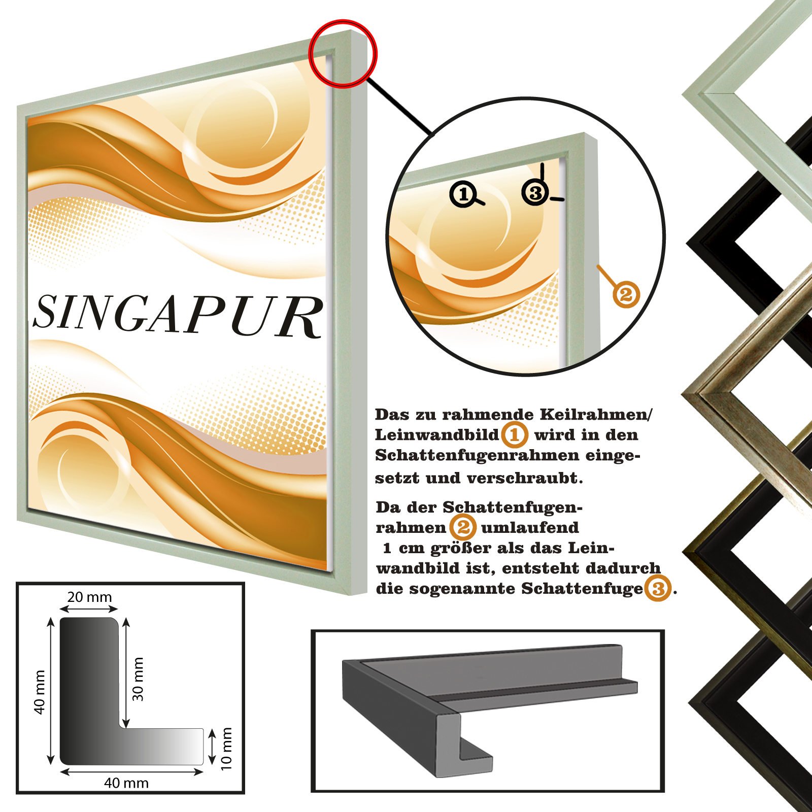 Schattenfugenrahmen Singapur für Leinwand,- Keilrahmenbilder, Weiß matt, 40x40 cm