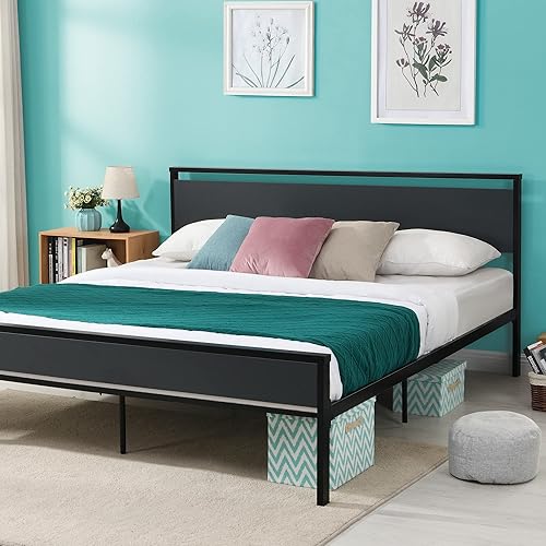 Miniatura 1 de RHIZOME Base de cama King con cabecero base de cama de plataforma metálica con soporte de listones de metal sólido y fácil montaje no necesita somier