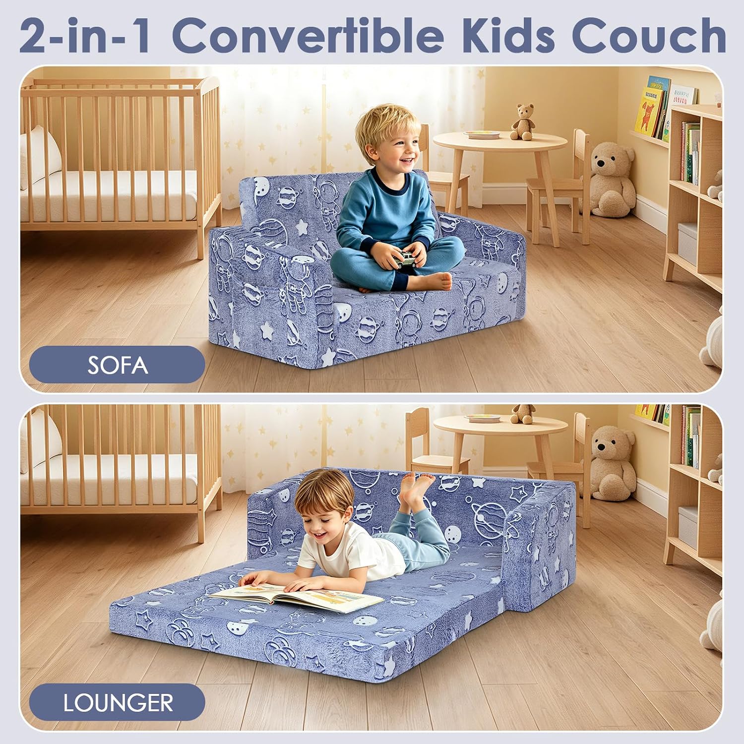 Kids Sofa 2 in 1 Glowing Foldable Children Armchairs 2 Seats Sofa Bed