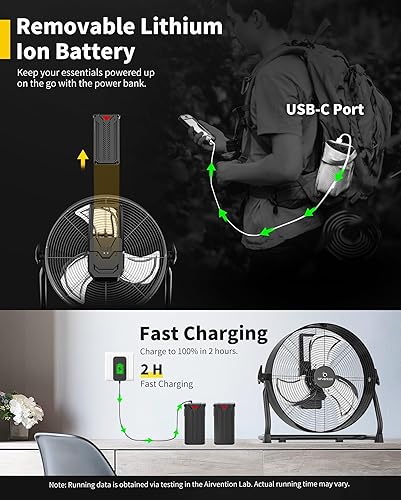 Miniatura 3 de AI-F600 Ventilador de suelo recargable de 15600 mAh, ventilador de batería industrial de alta velocidad de 12 pulgadas, ventilador de campamento