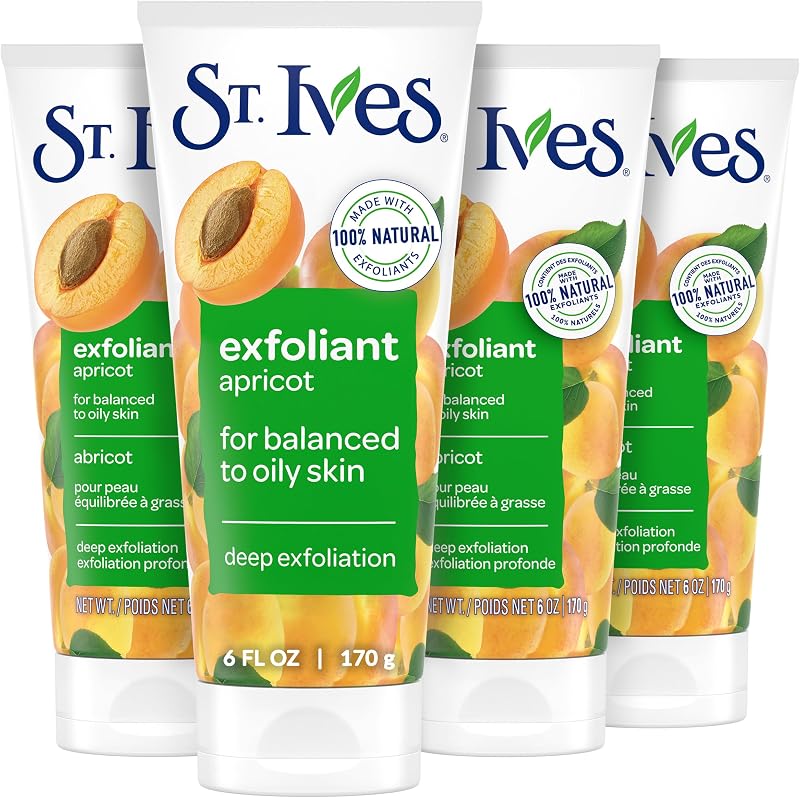 St. Ives Fresh Skin Apricot Face Scrub, Deep Exfoliator Skin Care for Clean, Glowing Skin, Oil-free Facial Scrub Made with 100% Natural Exfoliants, 6 oz, 4 Pack