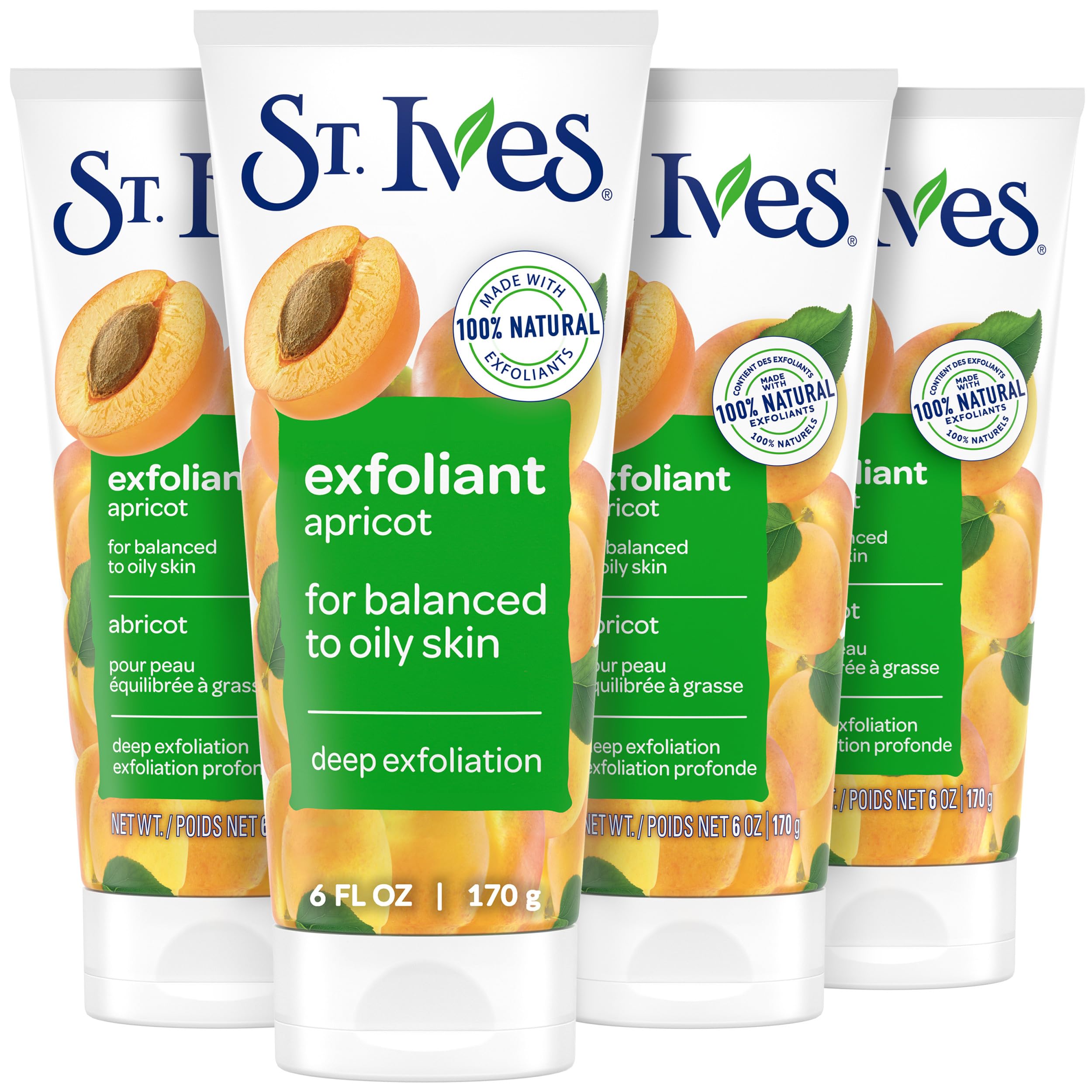 St. Ives Fresh Skin Apricot Face Scrub, Deep Exfoliator Skin Care for Clean, Glowing Skin, Oil-free Facial Scrub Made with 100% Natural Exfoliants, 6 oz, 4 Pack