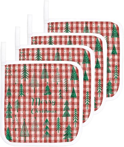 4 Packs Christmas Pot Holders Sets for Kitchen,Oven Pan Plate Bowl Pads Heat Proof Mat with Hanging Loop,Thick Terry Cloth Potholders Non Slip Soft