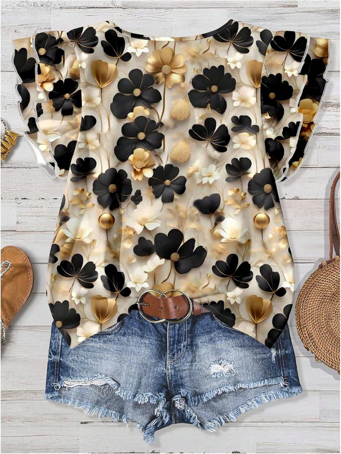 SOLY HUX Women's Plus Size Floral Tops Summer Blouses Ruffle Sleeve Crewneck Boho Shirts - Image 2