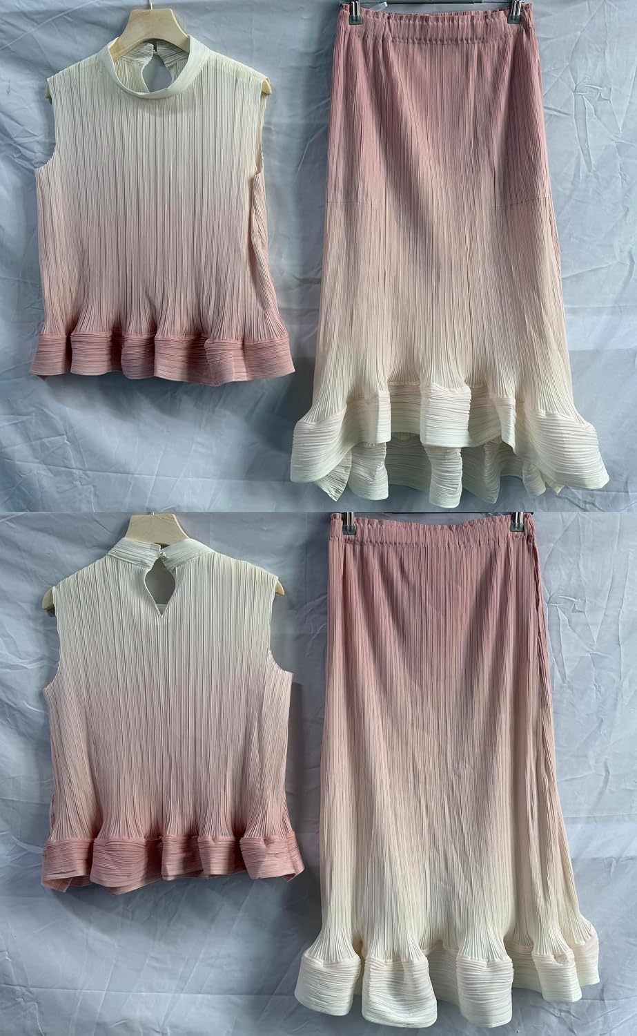 Women's 2 Piece Outfit Set Sleeveless Mock Neck Top and Midi Skirt Ombre Pleated Ruffle Hem Summer Cloth
