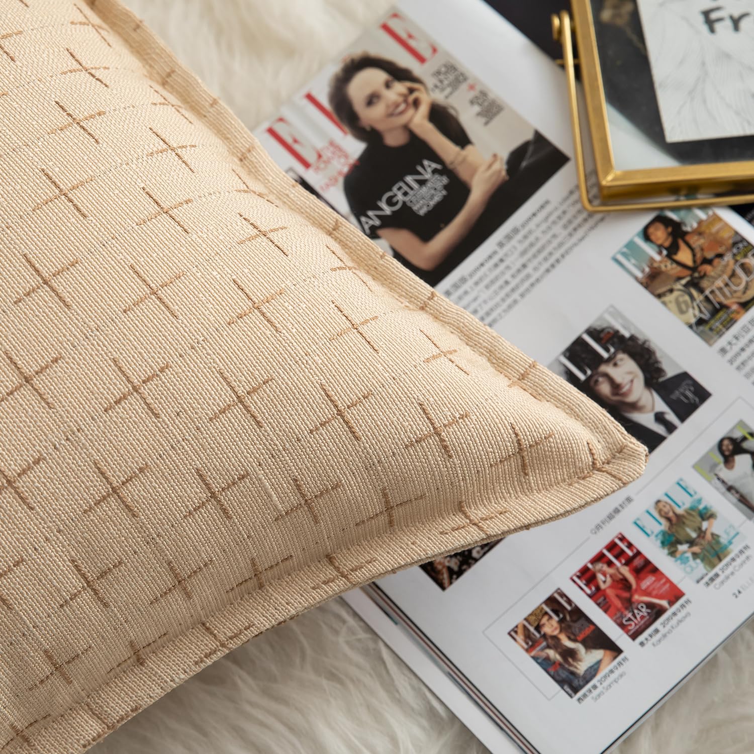 Mandioo Pack of 2 Burlap Linen Cushion Covers Woven Textured Modern Farmhouse Throw Pillow Cases Decorative Couch Sofa Bed Living Room 24 x 24 Inch 60x60 cm Beige - Image 2