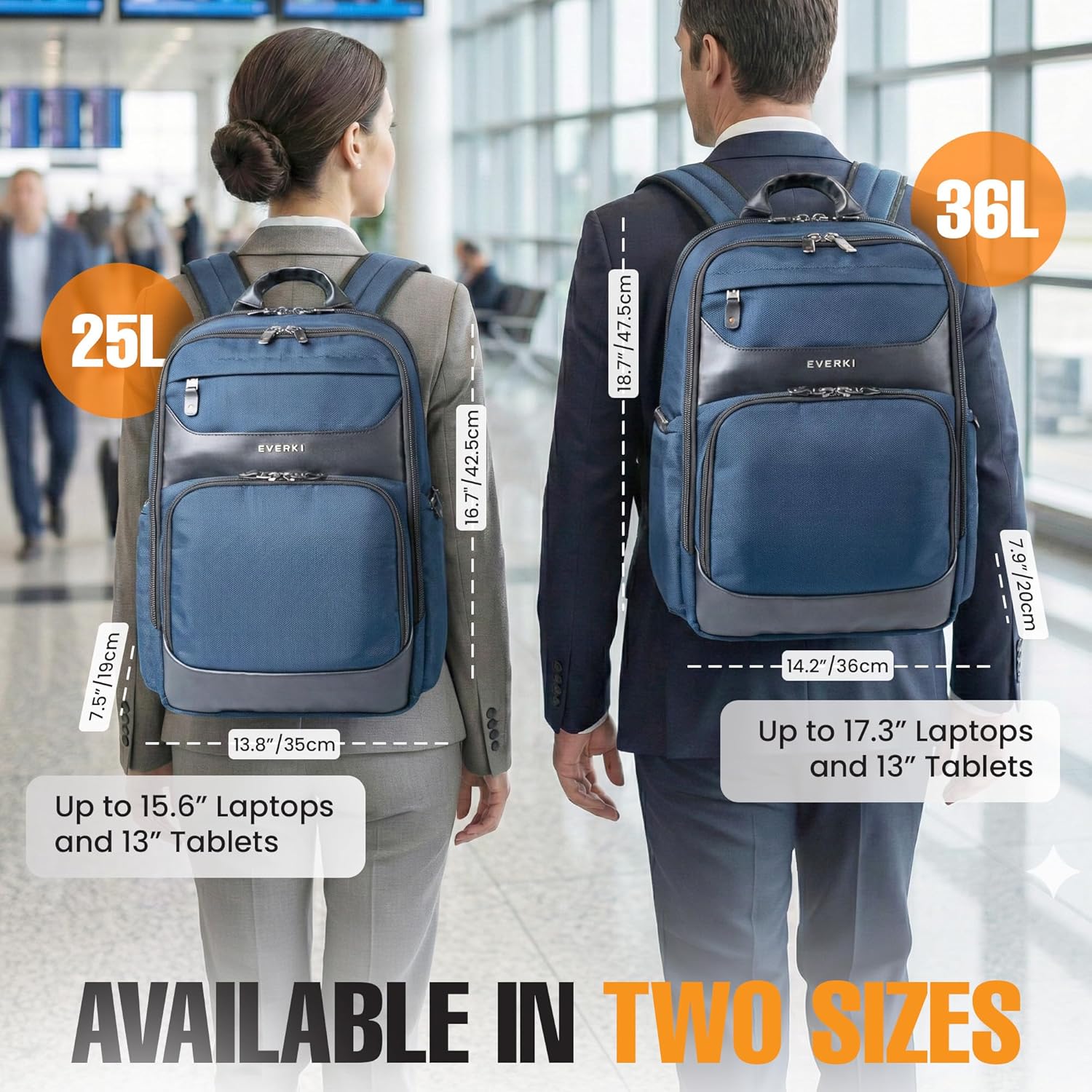 EVERKI Onyx 25L Business Laptop Backpack - Professional Travel Backpack for Men & Women, Laptop Bag with Premium Leather Ballistic & Nylon, Office & Flight Approved, Fits Laptops up to 15.6” - Navy