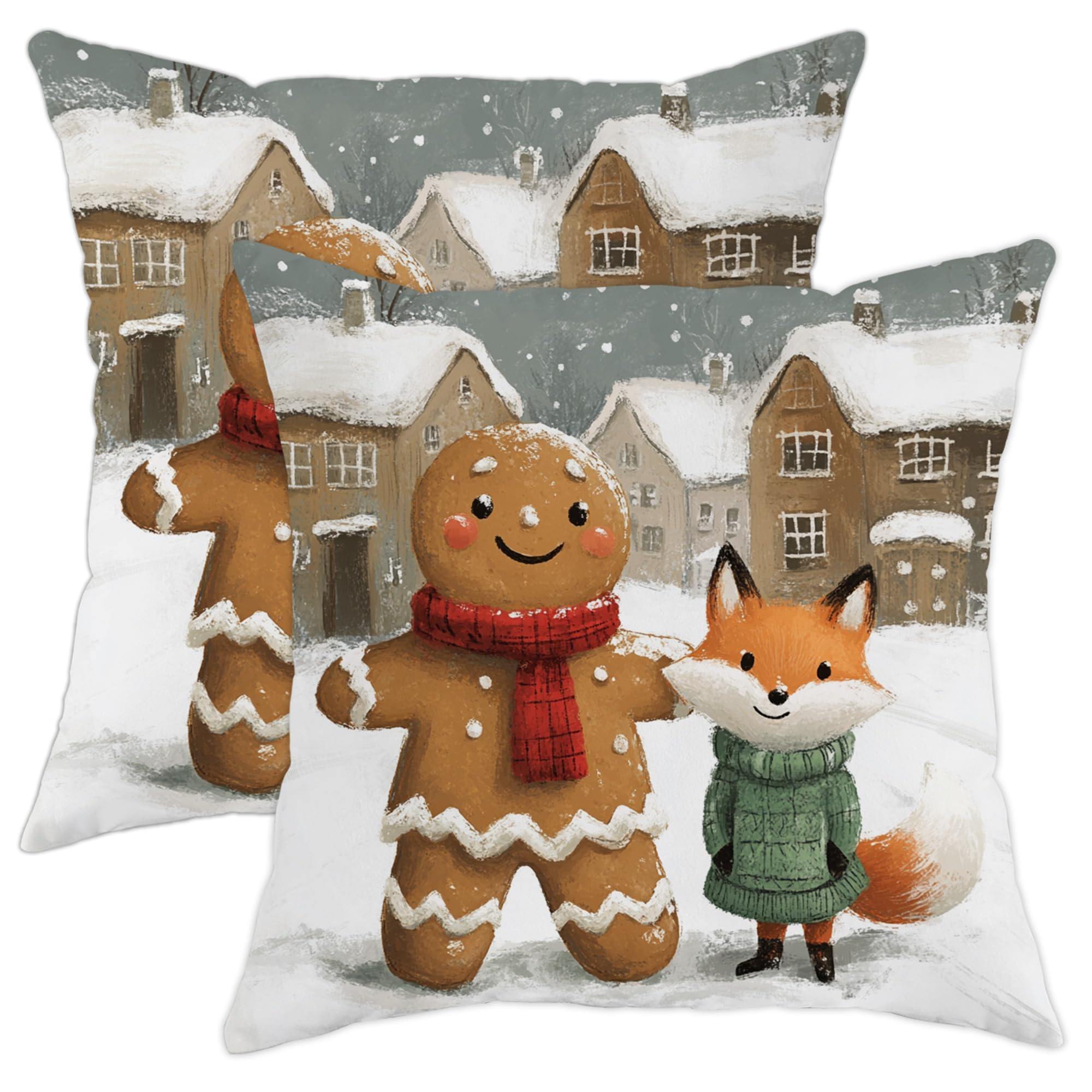 Gingerbread Fox Throw Pillow Covers, Brown Gingerbread Man and Fox Cushion Case, Winter Holiday Xmas Decoration Soft Velvet Cushion Covers for Home Sofa Bedroom Living Room 16x16 Inch