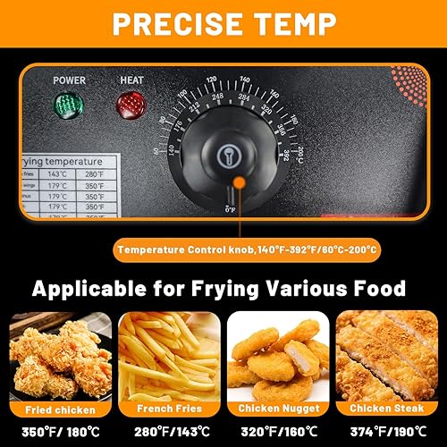 Miniatura 7 de Freidora comercial con canastas, 1500 W, 9.1 cuartos de galón8 L, desmontable de gran capacidad, de acero inoxidable, freidora de aceite eléctrica