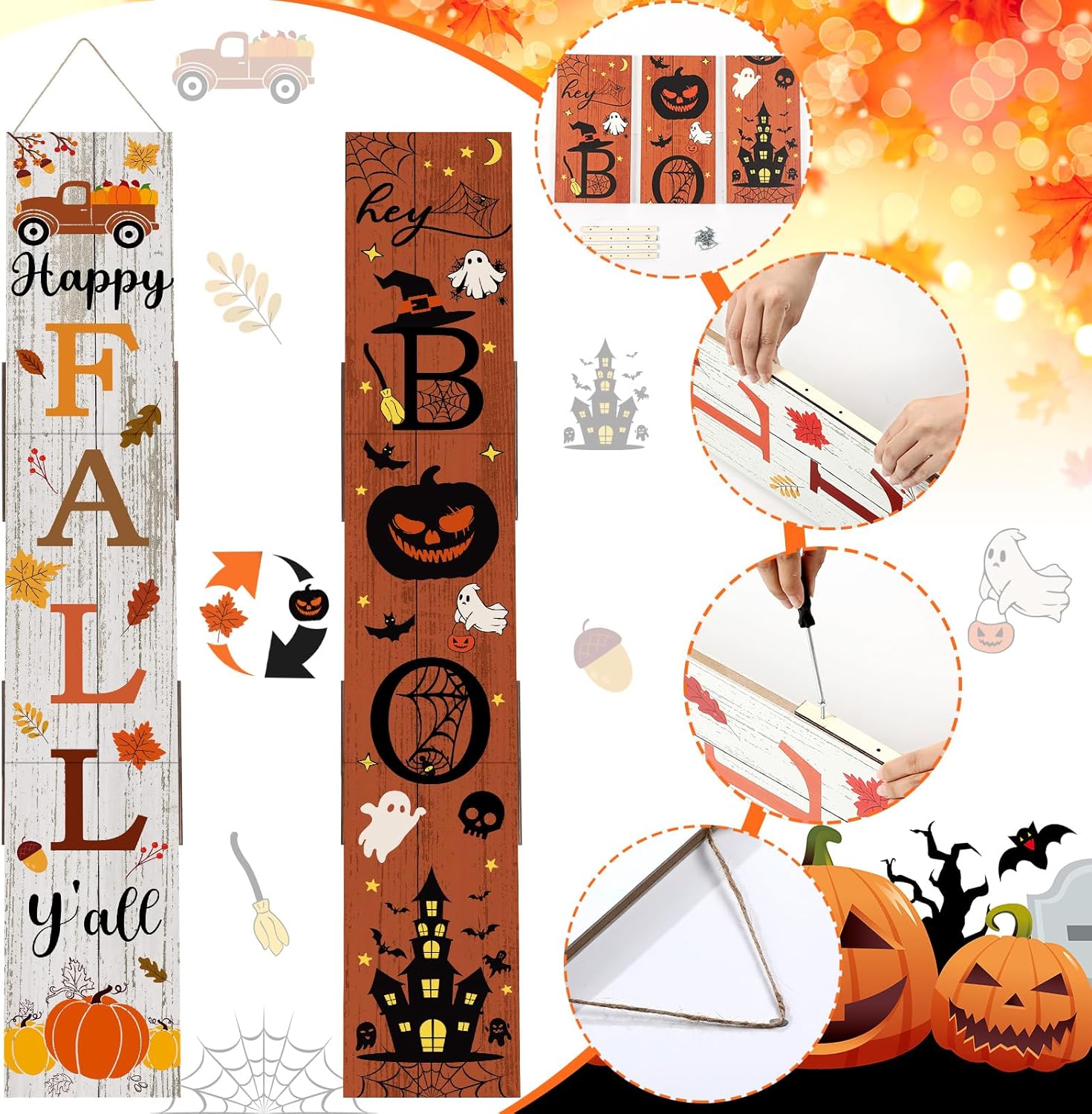 2 in 1 Fall Porch Sign Decor 47" Double Side Halloween Hey Boo Wooden Porch Decor Large Happy Fall Y'all Outdoor Welcome Sign Farmhouse Halloween Decorations for Front Door Home Wall Hanging Yard