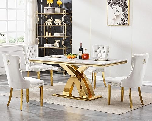 Miniatura 111 de Juego de mesa de comedor de mármol sintético, 7 piezas, juego de mesa de cocina y comedor para 6, mesa de comedor rectangular blanca de 70 pulgadas