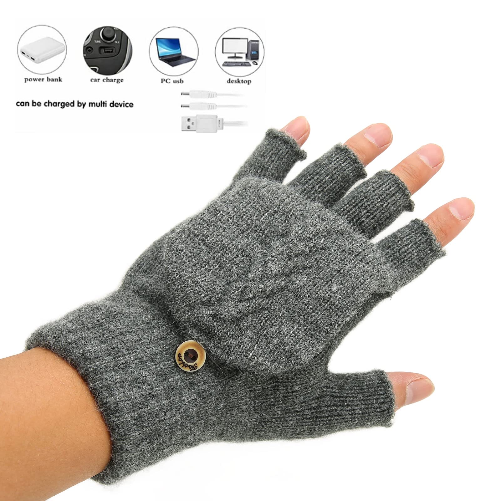 USB Warmer Heated Gloves Flip Half Fingerless Electronic Knitted Hand Gloves for Men Women Winter (Dark Gray)