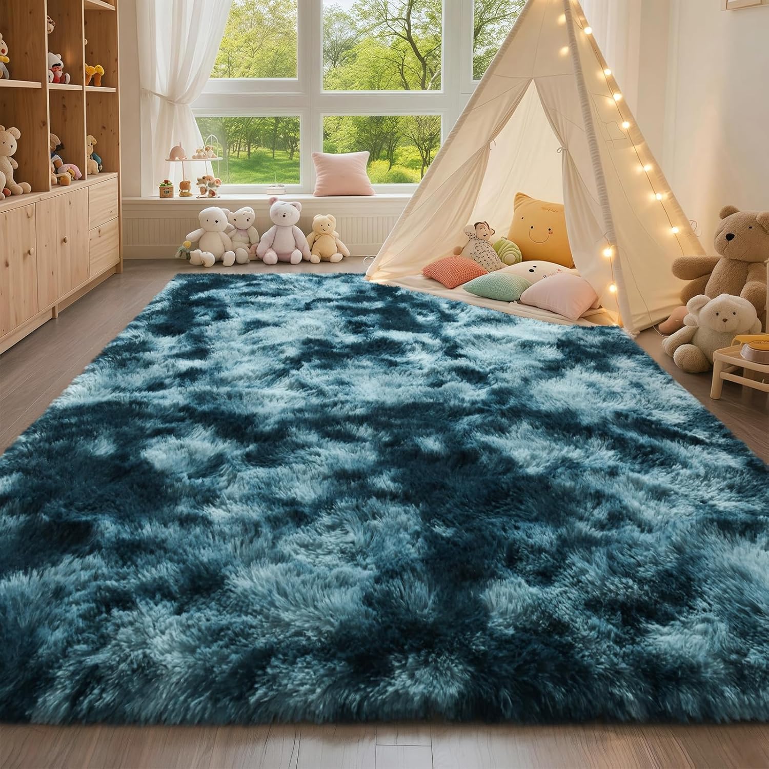 HQAYW 4x6 Area Rugs for Living Room, Tie-Dyed Ultra Soft Fluffy Washable Non-Slip Rug, Plush Shaggy Modern Indoor Carpet for Kids Girls and Boys Dorms Nursery Bedroom Office Home Decor, Peacock Blue