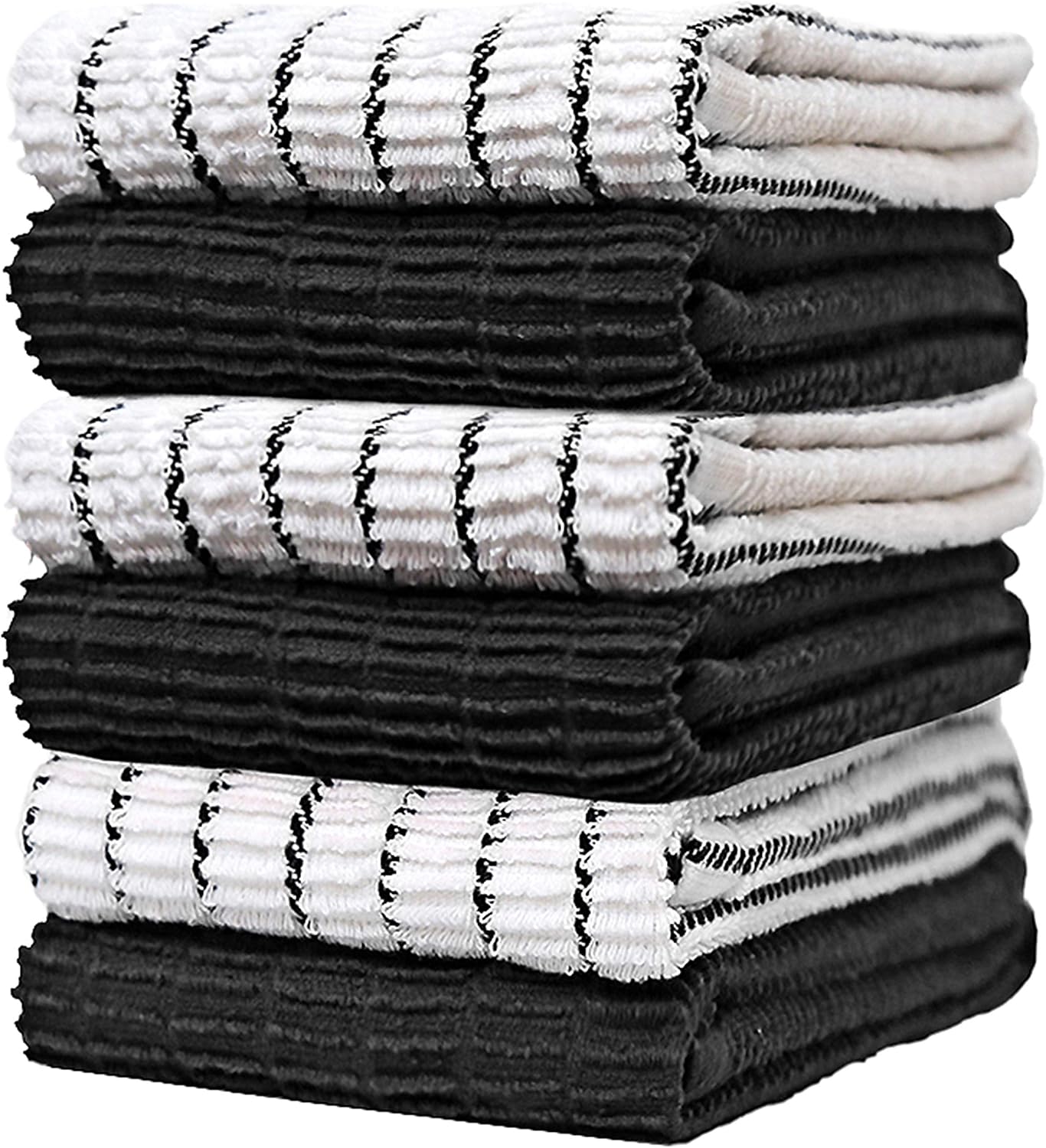 Premium Kitchen Towels (16”x 28”, 6 Pack) – Large Cotton Kitchen Hand Towels – Chef Weave Design – 380 GSM Highly Absorbent Tea Towels Set with Hanging Loop (Black)