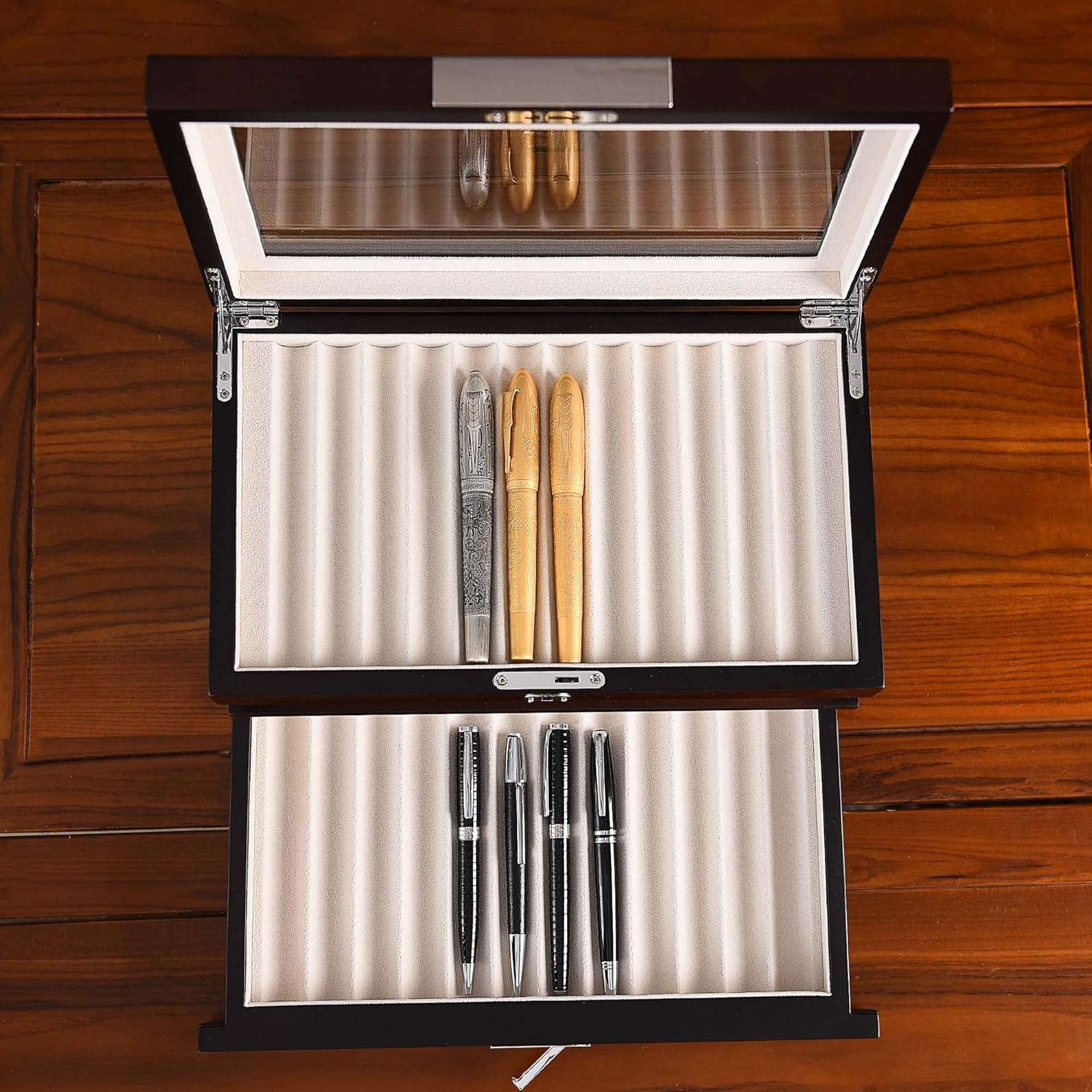 Wood Pen Organizer Box 24 Slot Fountain Pen Display Case with Drawer, Top Glass Window and Lockable Pen Collection Storage Box for Men Gift (24 Slots - Brown w Cream Velvet)