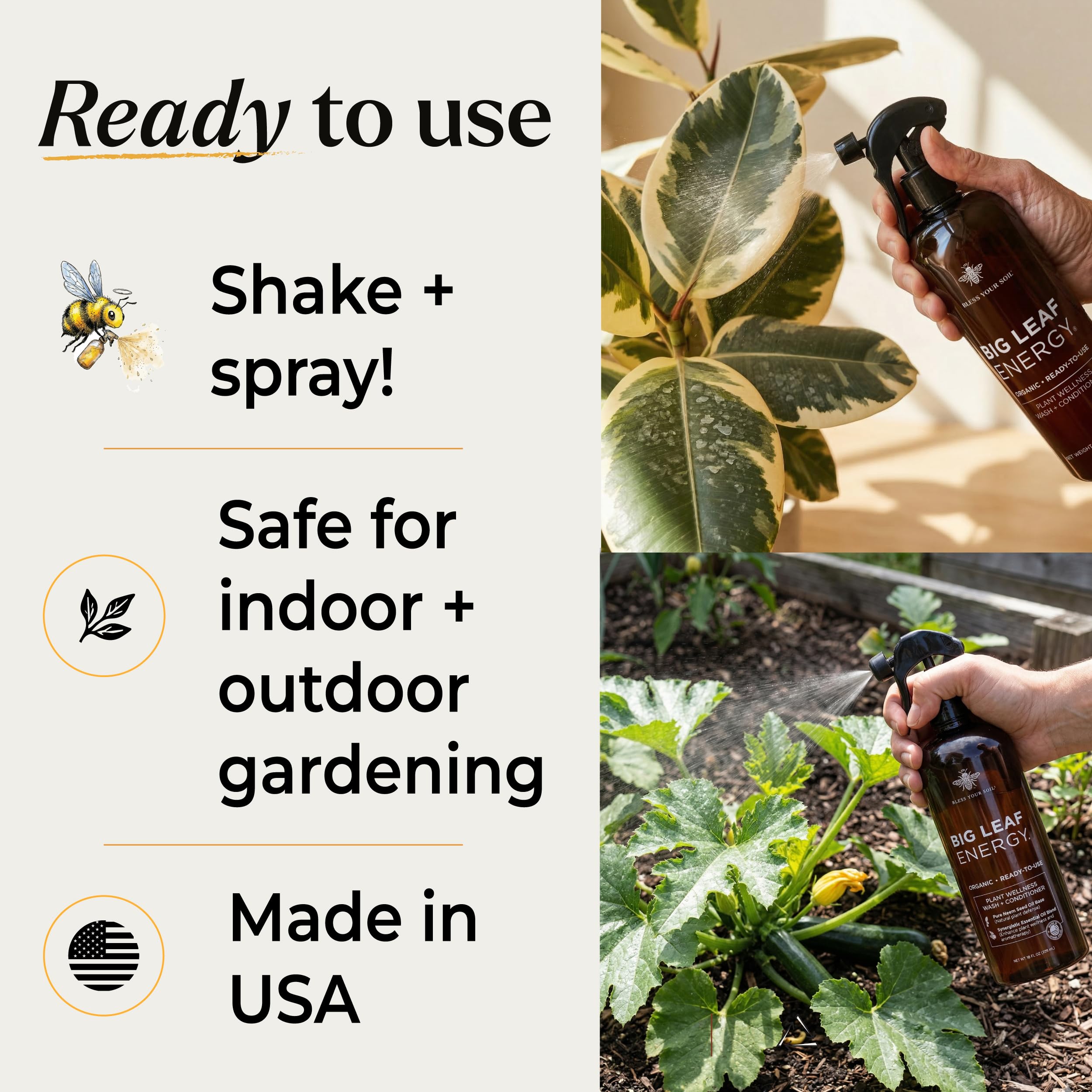 Big Leaf Energy (16 FL OZ) Organic Neem Oil Spray for Plants + Essential Oils : Ready to Use Plant Wash for Indoor Houseplants & Outdoor Gardens, Natural Leaf Shine