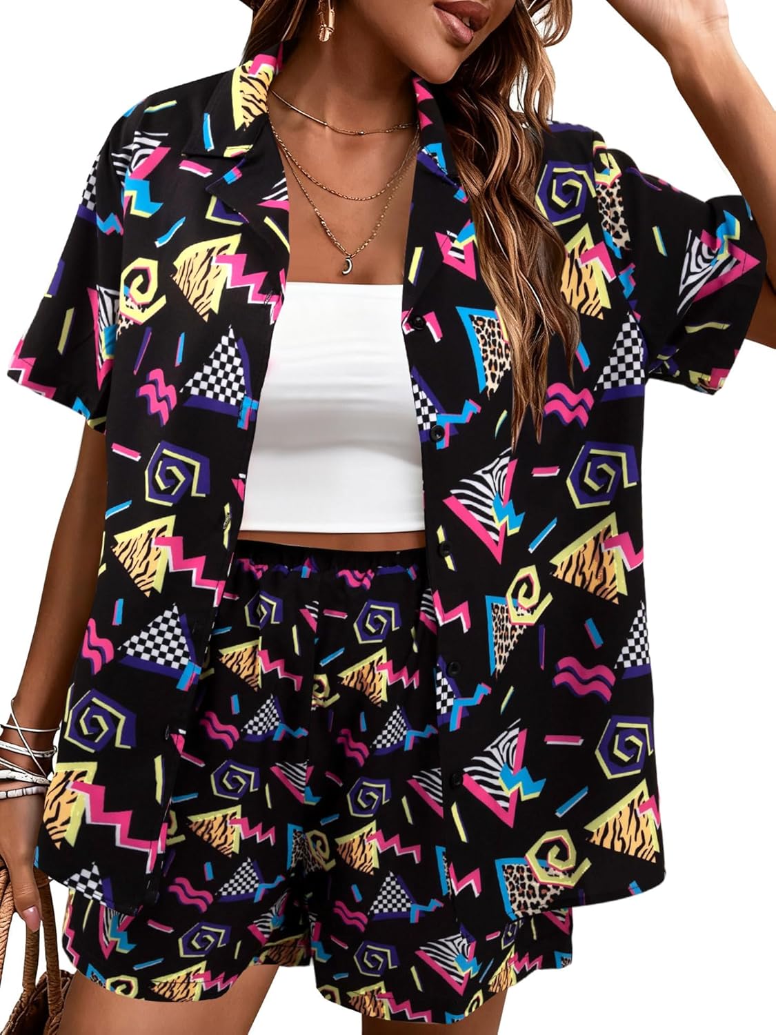 80s 90s 2 Piece Outfits for Women Retro Theme Party Disco Matching Sets Neon Button Down Top and Shorts Sets