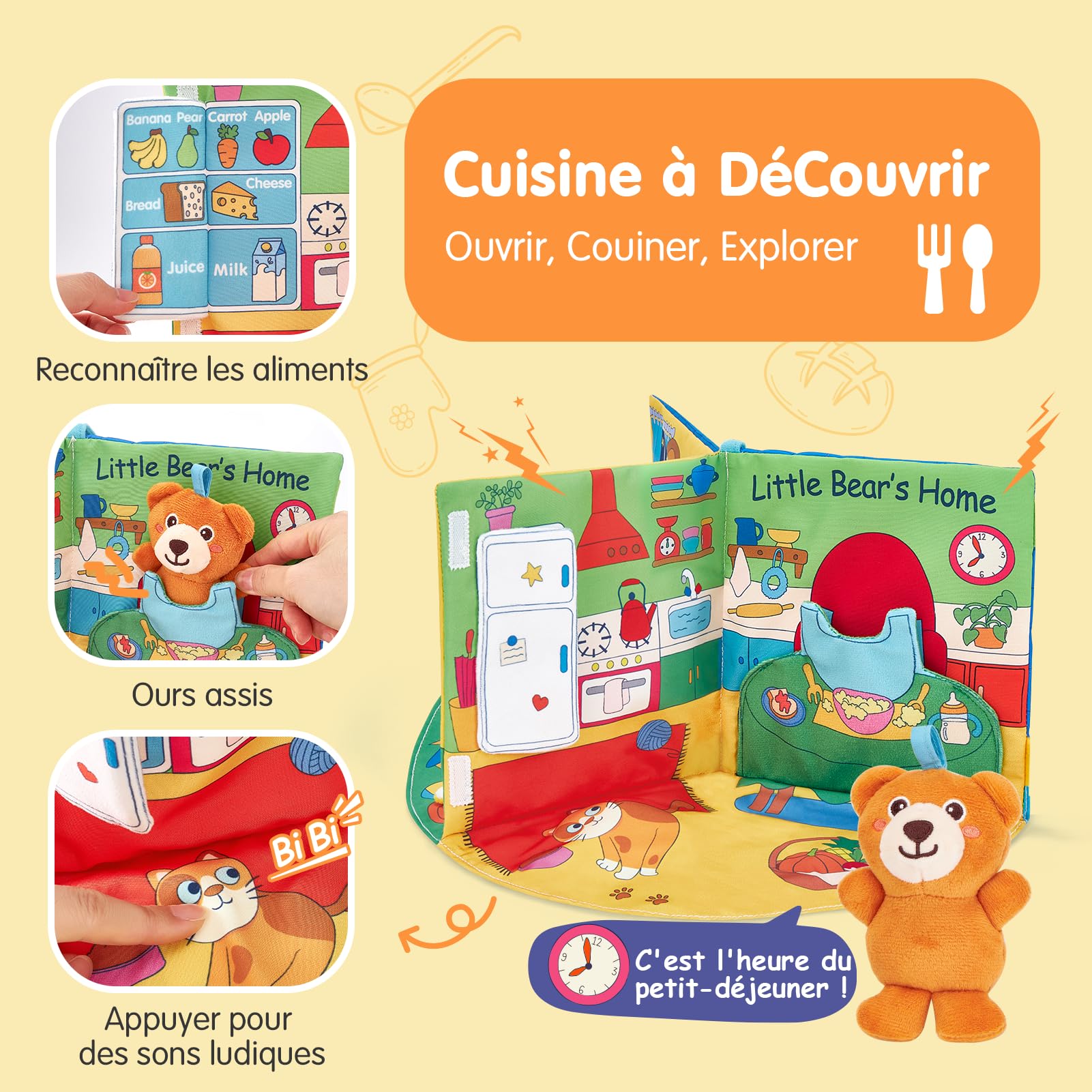 hahaland Livre Tissu Bebe Eveil 1 an - Livres activite sensoriel tactiles Bebes, Jouets Tissu Temps sur Ventre de 6 9 12 18 Mois, Livre interactif bébés 6-12 Mois, Cadeau garçon Fille Enfant 1 an
