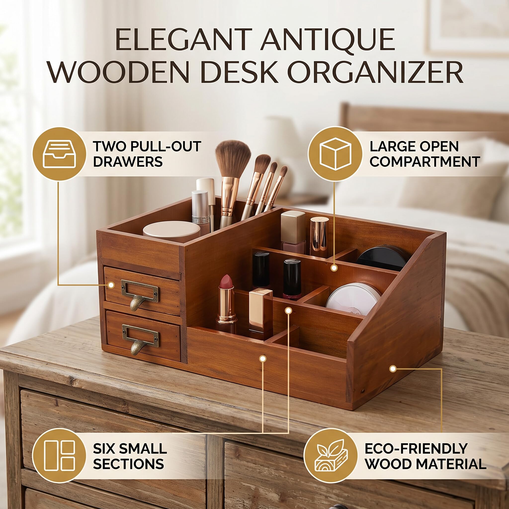 Pssopp Holz Make up Organizer Kosmetik Organizer DIY Makeup Aufbewahrungsbox Schreibtischorganizer Aufbewahrungsbox für Schminke Badezimmer Dresser Bad Schlafzimmer
