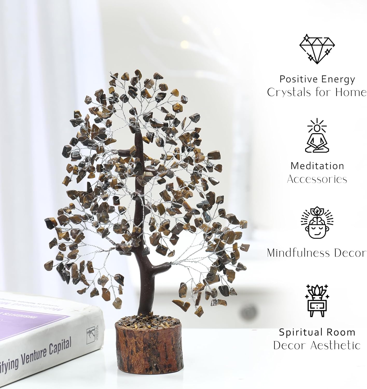 PYOR Tigers Eye, Healing Crystal Tree, Office Decor for Women, Gem Tree, Tiger Eye Stone, Good Luck Gifts, Money Crystal Stone, Positive Energy Decor, Gemstone Bonsai - Image 2